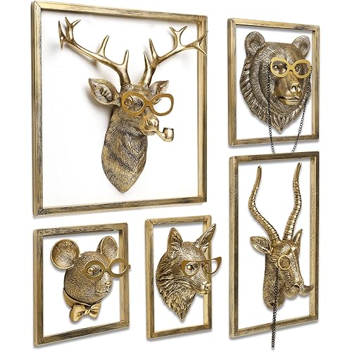 Newinhome Animal Heads Wall Decor (5pcs, Includes Metal Frame) Resin Animals Sculptures Head Wall Hanging Decoration Gold vintage Wall Sculpture for Living Room Bedroom Office