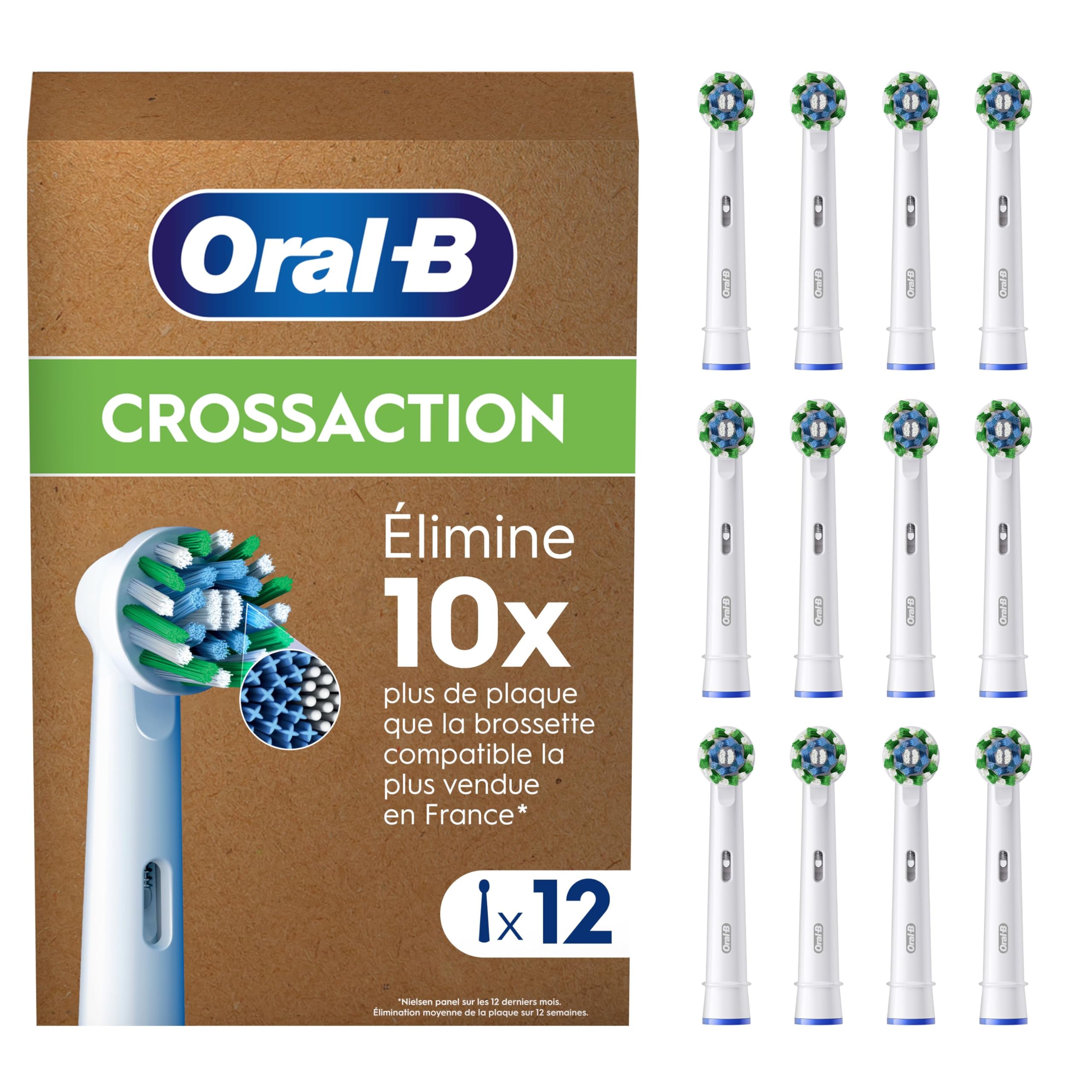 Oral-B Brossettes de Rechange Cross Action, lot de 12, Blanches – Recharges Brosse à Dents Électrique Pro, Filaments pour Eliminer la Plaque Dentaire, Emballage en Carton