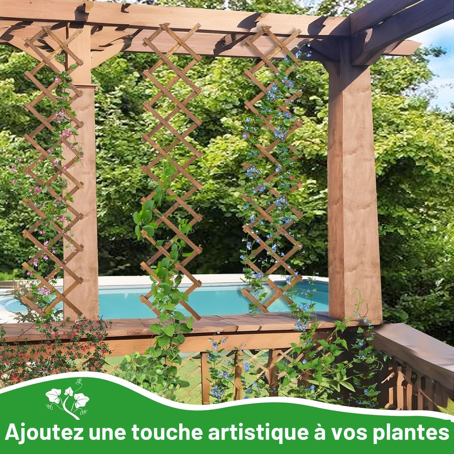 LATERN 2 Pièces Treillis Extensible pour Plantes, 180CM x 30CM Panneau en Treillis de Bois pour Plantes Grimpantes Cadre Décoratif Mural Suspendu pour Chambre Jardin Terrasse Intérieur Extérieur