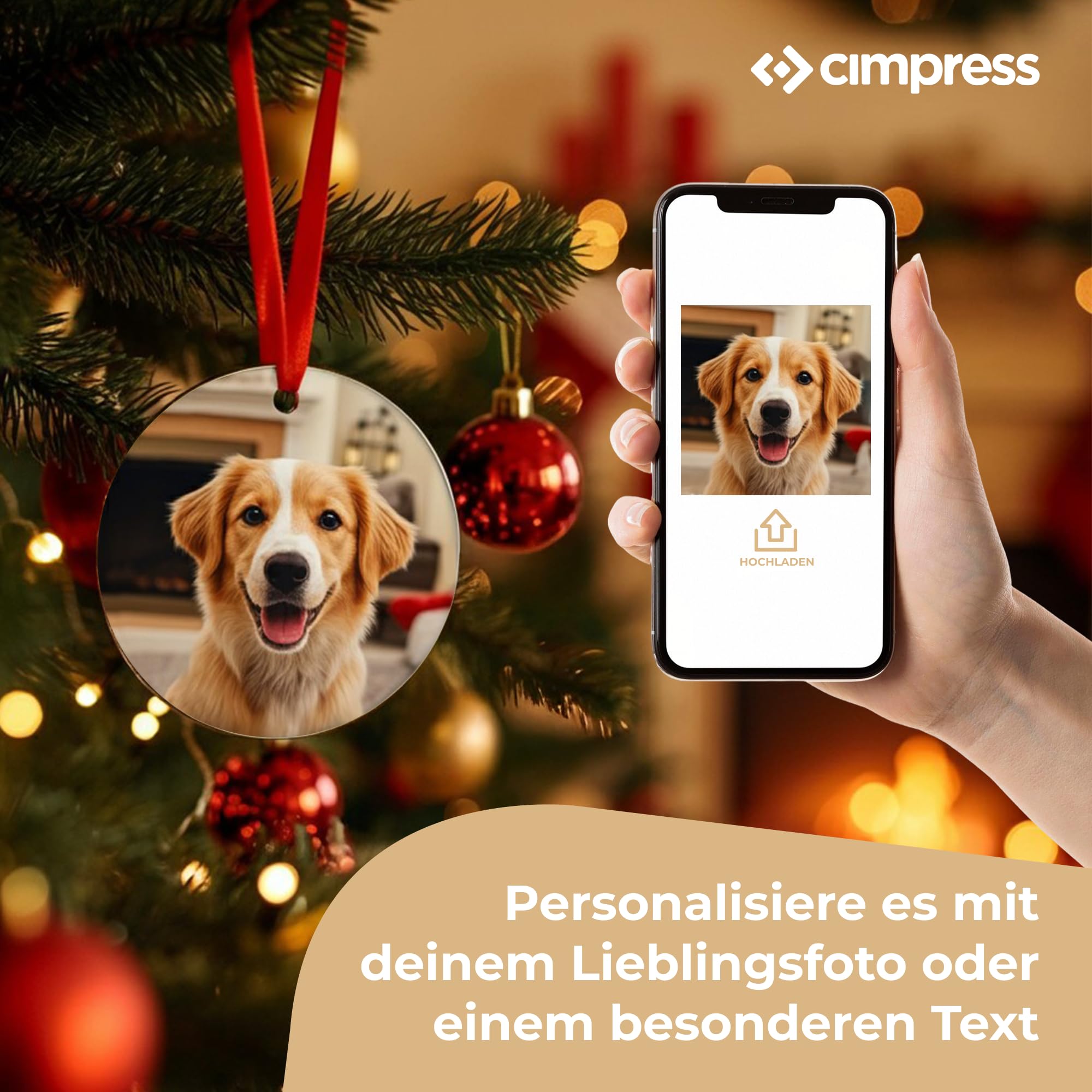 Cimpress personalisierter Weihnachtsschmuck Rund 7x7 cm, 6 Stück, Metall, Foto & Text, individuelle Weihnachtsbaumdeko, Weihnachtsanhänger, Geschenkidee Familie, Baby’s erstes Weihnachten