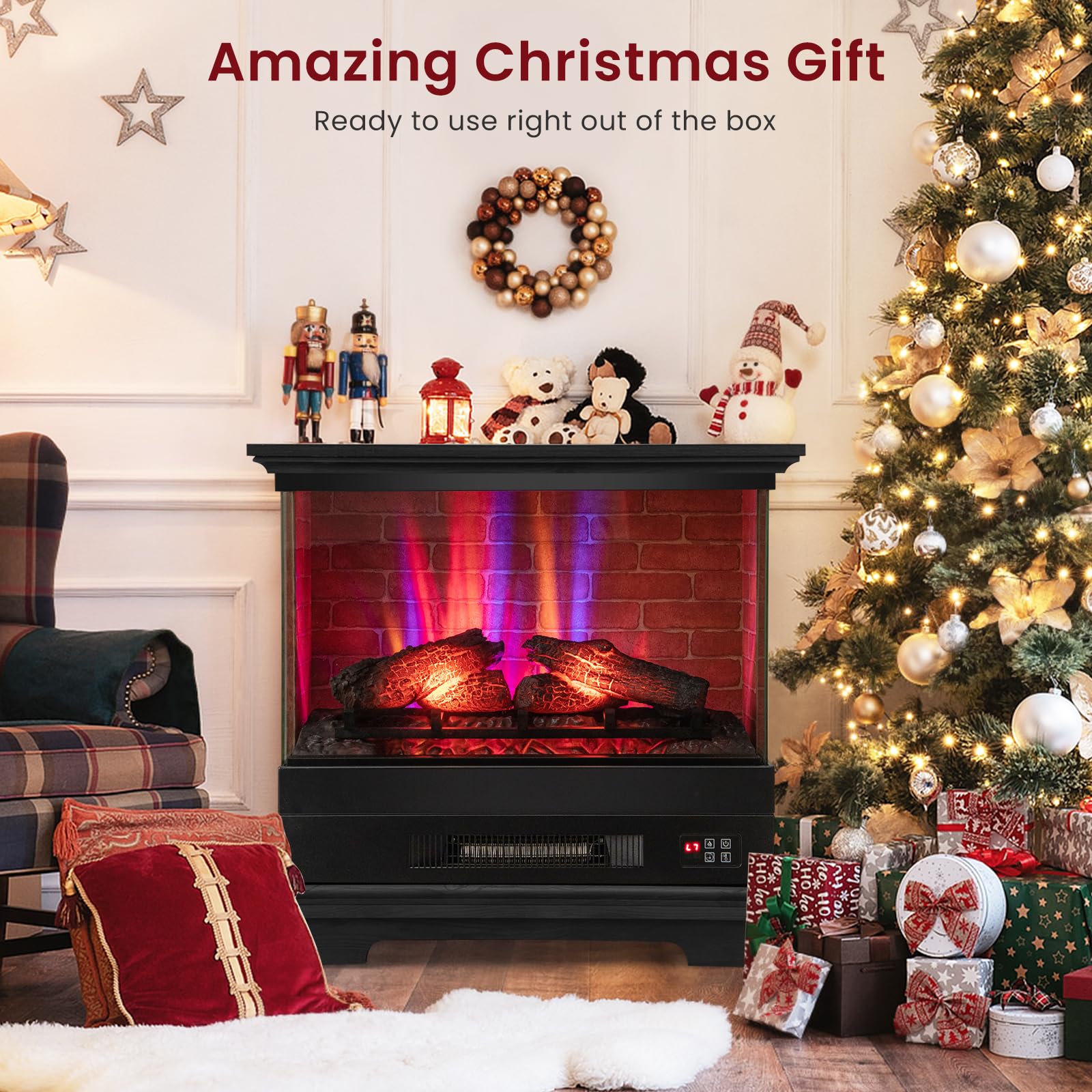 ORALNER 27” Electric Fireplace with Mantel, 3-Sided Glass View, Wooden Surround Firebox, Freestanding Fireplace Heater w/ 7 Flame Colors, Remote & 6H Timer, Overheat Protection, 1400W (Black)
