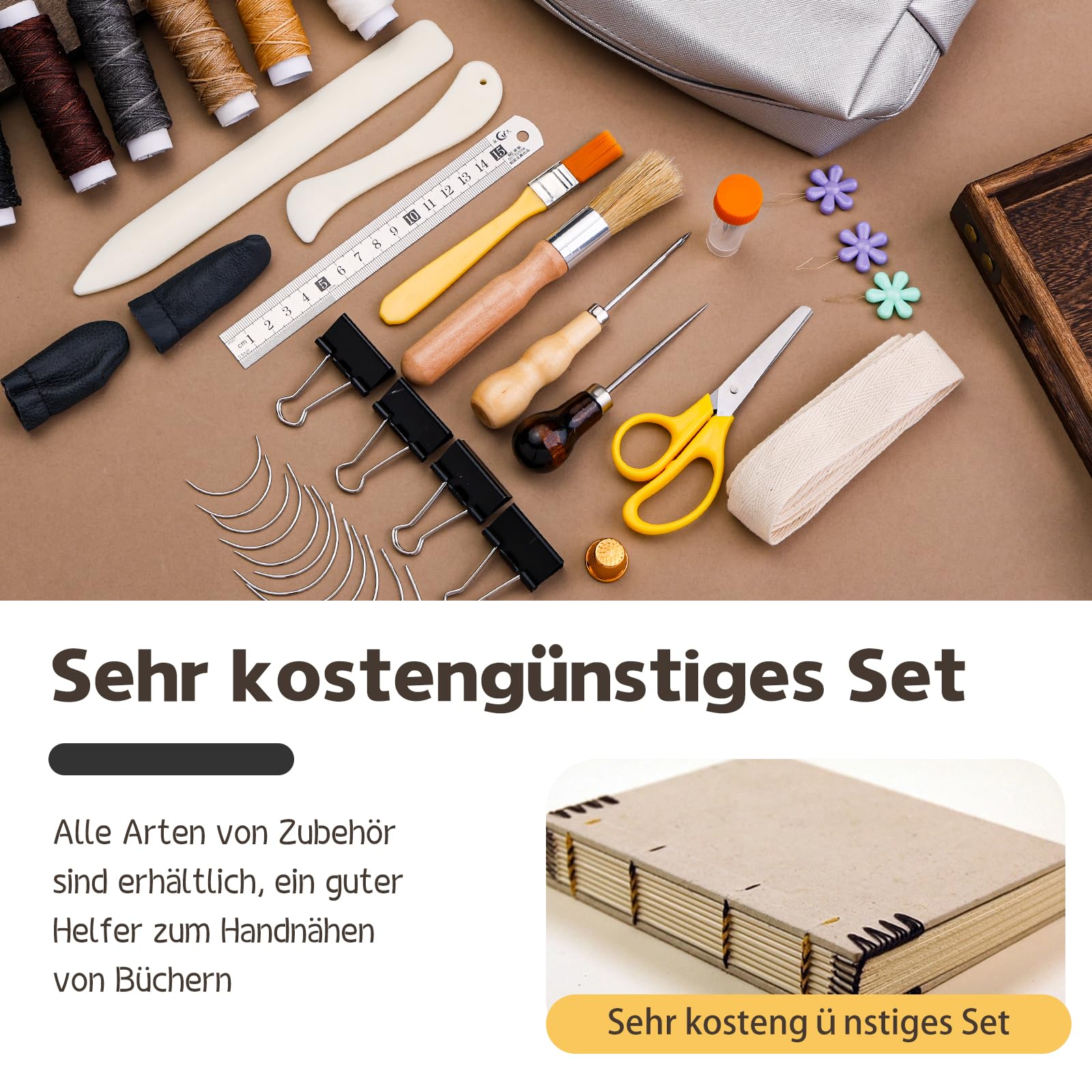 Wankon - Set di rilegatura per libri, 49 pezzi, per principianti, per rilegatura di libri, kit per rilegatura di libri, con filo cerato, pieghevole, alveoletto, nastro, borsa per rilegatura di libri