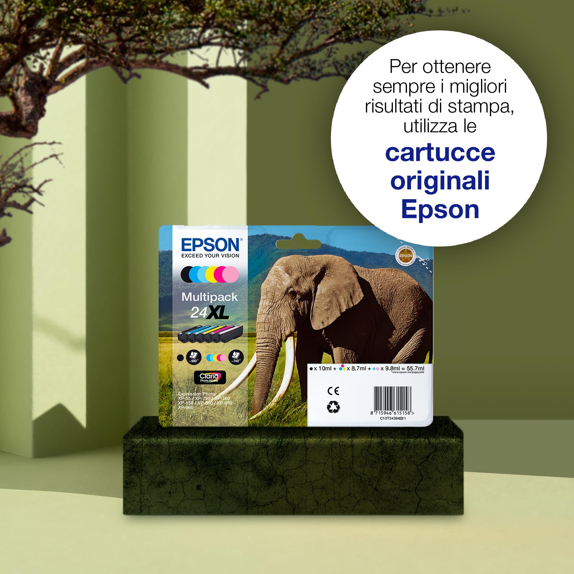 Epson 24 Serie Elefante,Cartucce originali stampante getto dinchiostro Claria Photo HD,Formato Standard,Multipack 6 ColoriNero,Ciano,Magenta,Giallo,Azzurro,Rosa,Confezione EasyMail Eco-compatibile
