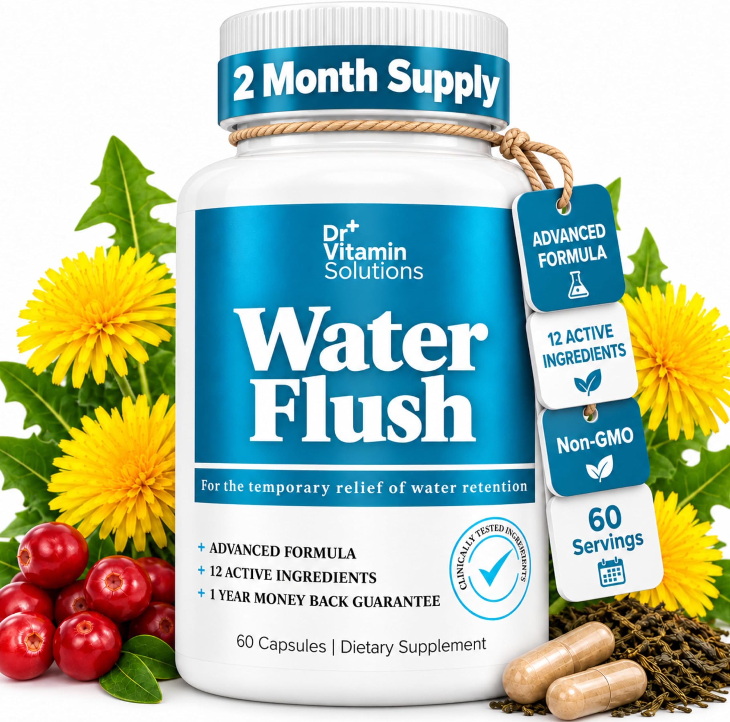 Diuretic Water Pills for Women, Water Flush & Swelling Relief, 60 Caps