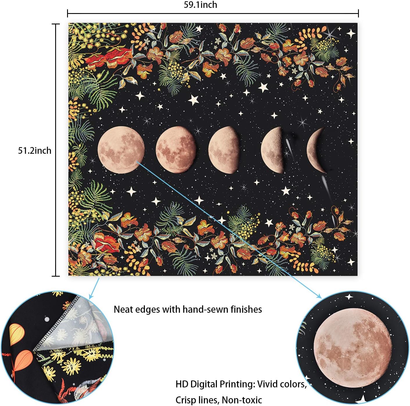 Moonlit Garden Tapestry, Moon Phase Tapestries Flower Vine Tapestry Black Background Floral Tapestry Wall Hanging for Room(51.2 x 59.1 inches) : Home & Kitchen