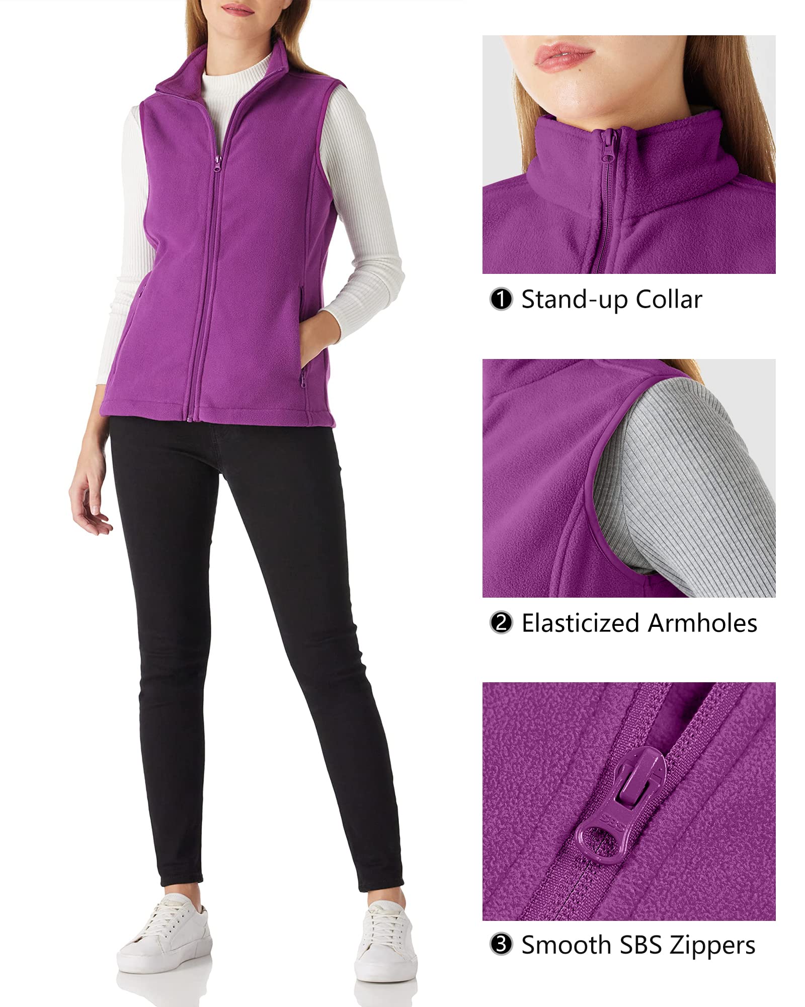 Outdoor Ventures Chaleco de forro polar para mujer, chaqueta suave sin mangas con bolsillos con cremallera, chaleco deportivo para correr de primavera y otoño, chaleco de forro polar para mujer