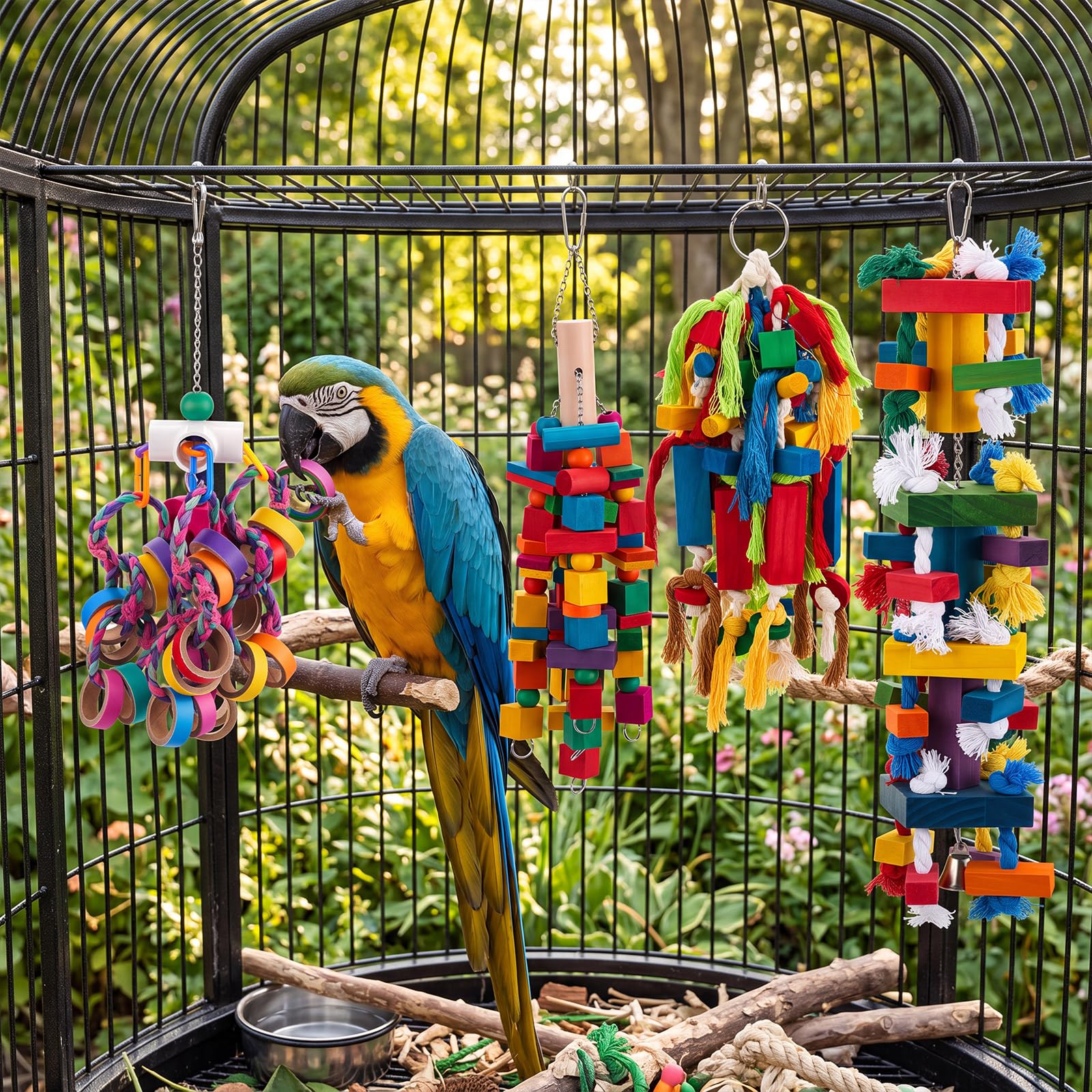Seenelling 4 piezas extra grandes de juguete para loros de madera natural multicolor, juguetes masticables para guacamayos grandes y medianos, cacatúas, pájaros grises africanos (mezclado)