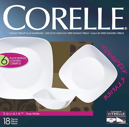 Vista 2 de Corelle Juego de vajilla cuadrada blanca pura de 18 piezas, servicio para 6 personas