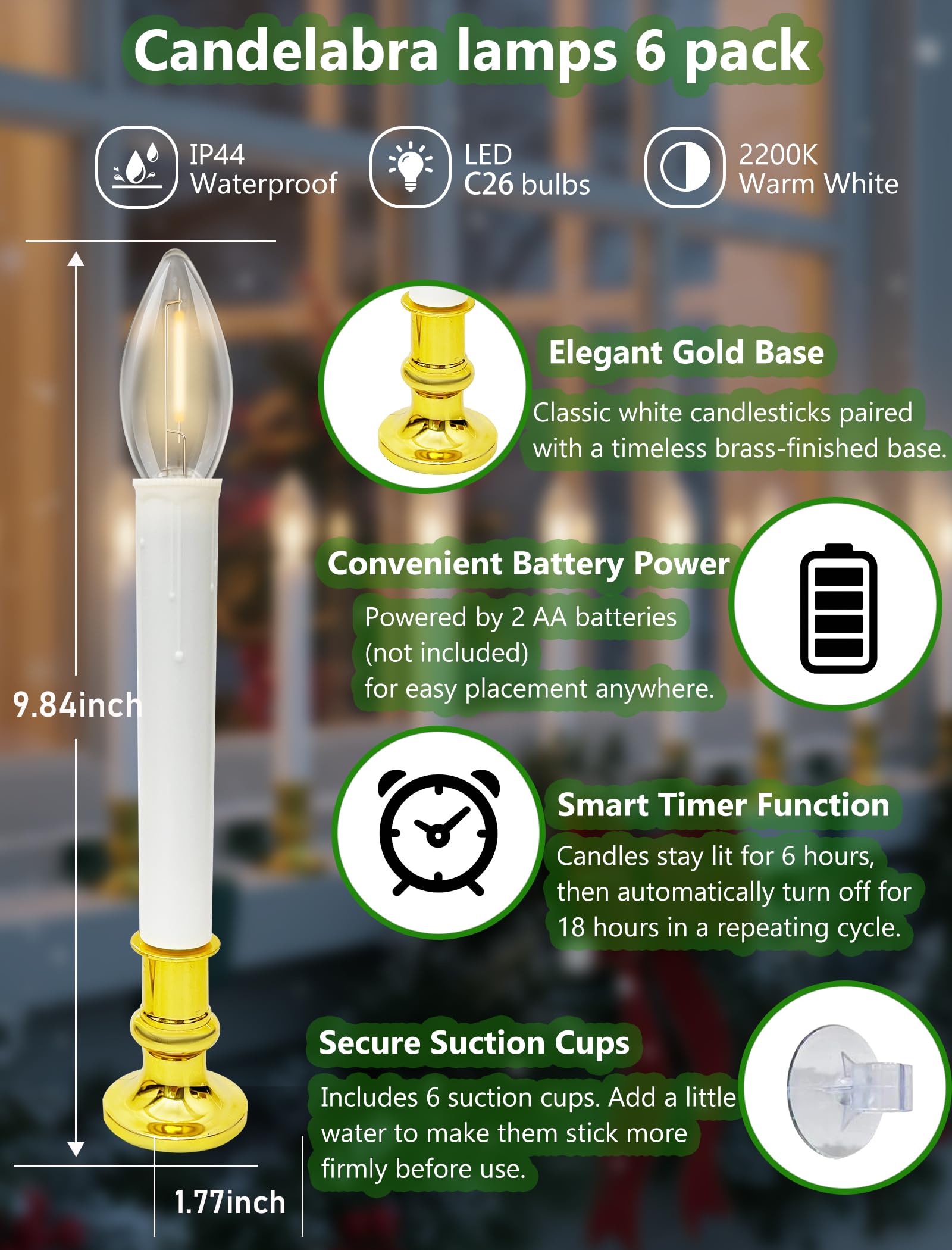 LED-Weihnachts-Fensterkerzen mit Timer, 26,7 cm, flammenlose Kerzen mit C26 0,6 W weichen weißen Leuchtmitteln, E12-Sockel, batteriebetrieben mit 4,5 cm Messinghaltern und Saugnäpfen, für