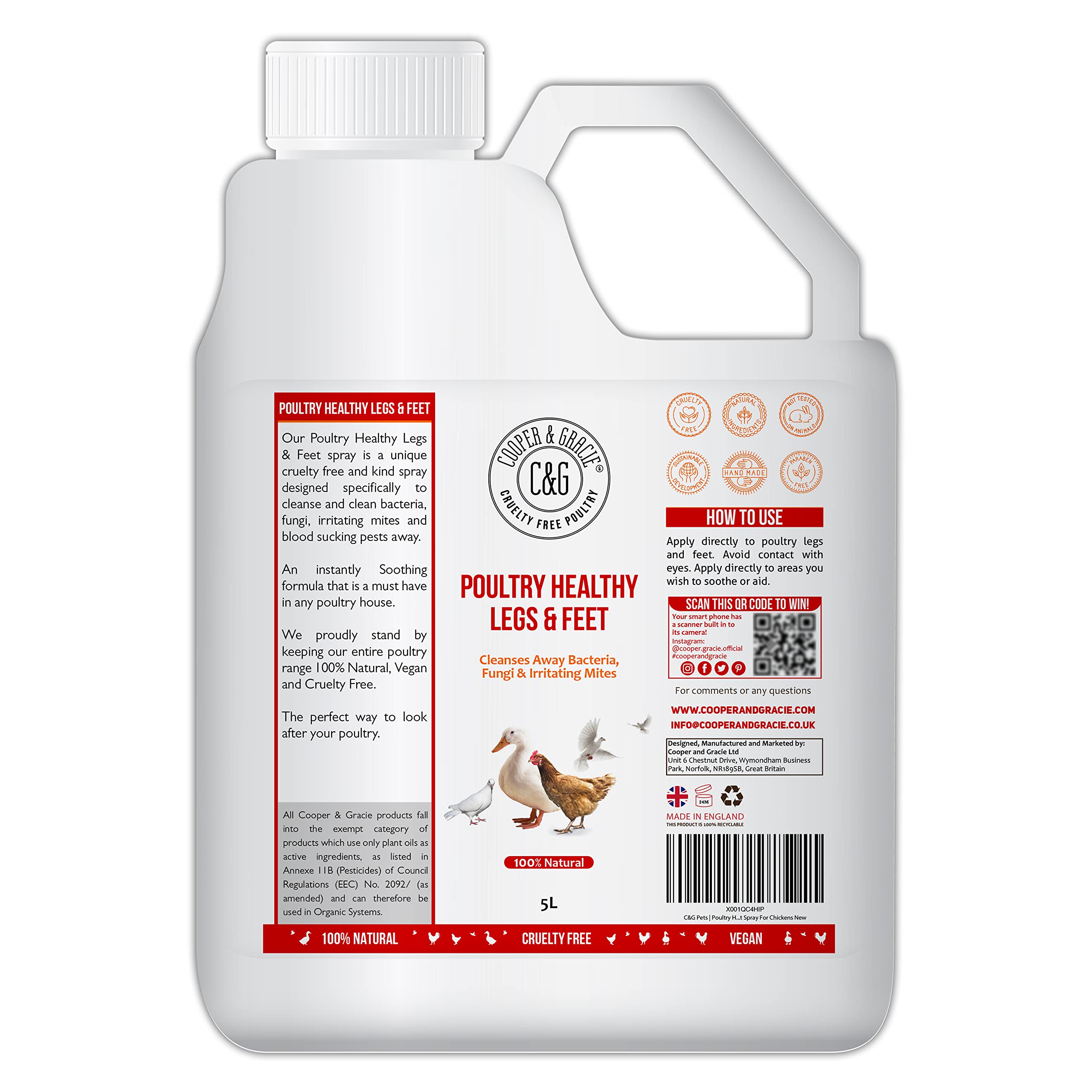 C&G Pets | Poultry Healthy Legs & Feet Spray | Cleans Chicken Legs & Feet | Cleans Away Bacteria Fungi & Irritating Mites | Mite Treatment Spray For Chickens (5L)