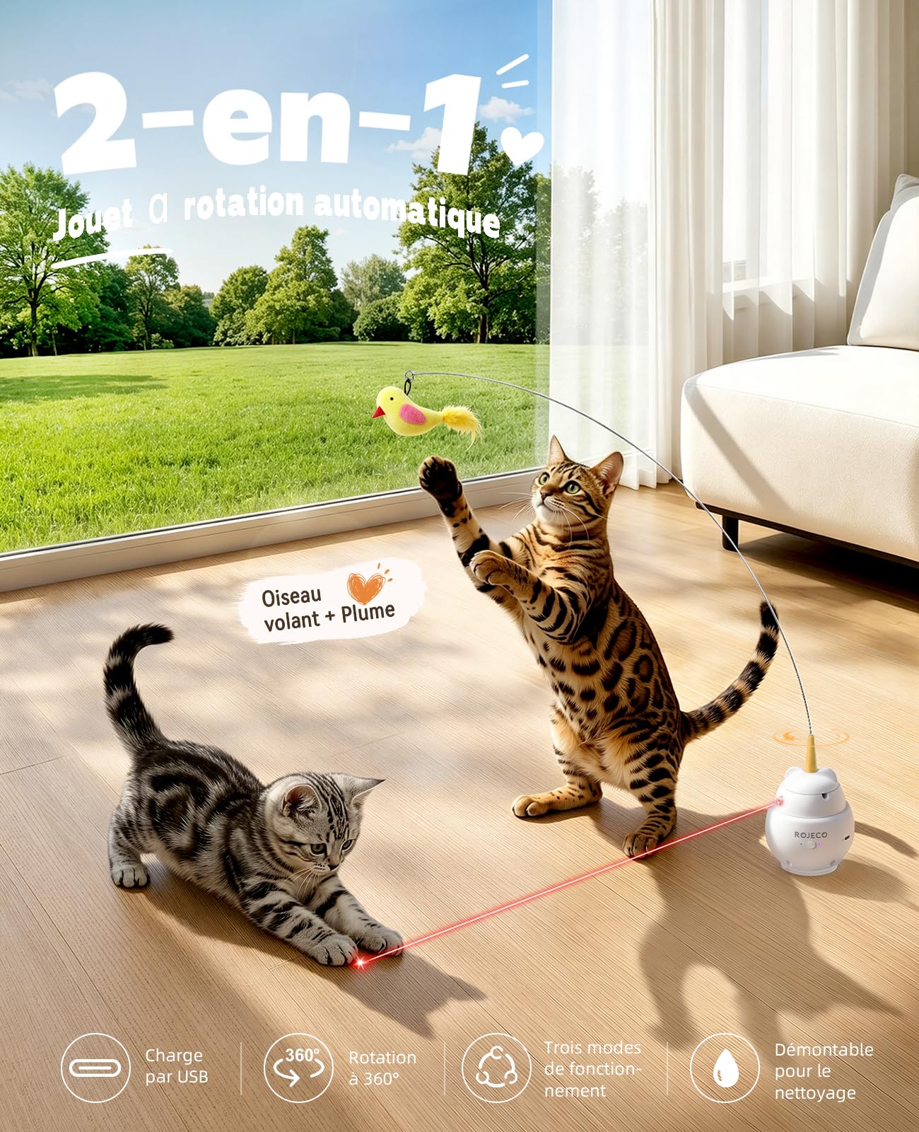 ROJECO Version Améliorée – Jouet Chat Interactif Laser Rotatif 360 & Canne Pêche 2en1, Rechargeable USB-C, 3 Modes, Ventouse Puissante, Arrêt Auto-Intelligent
