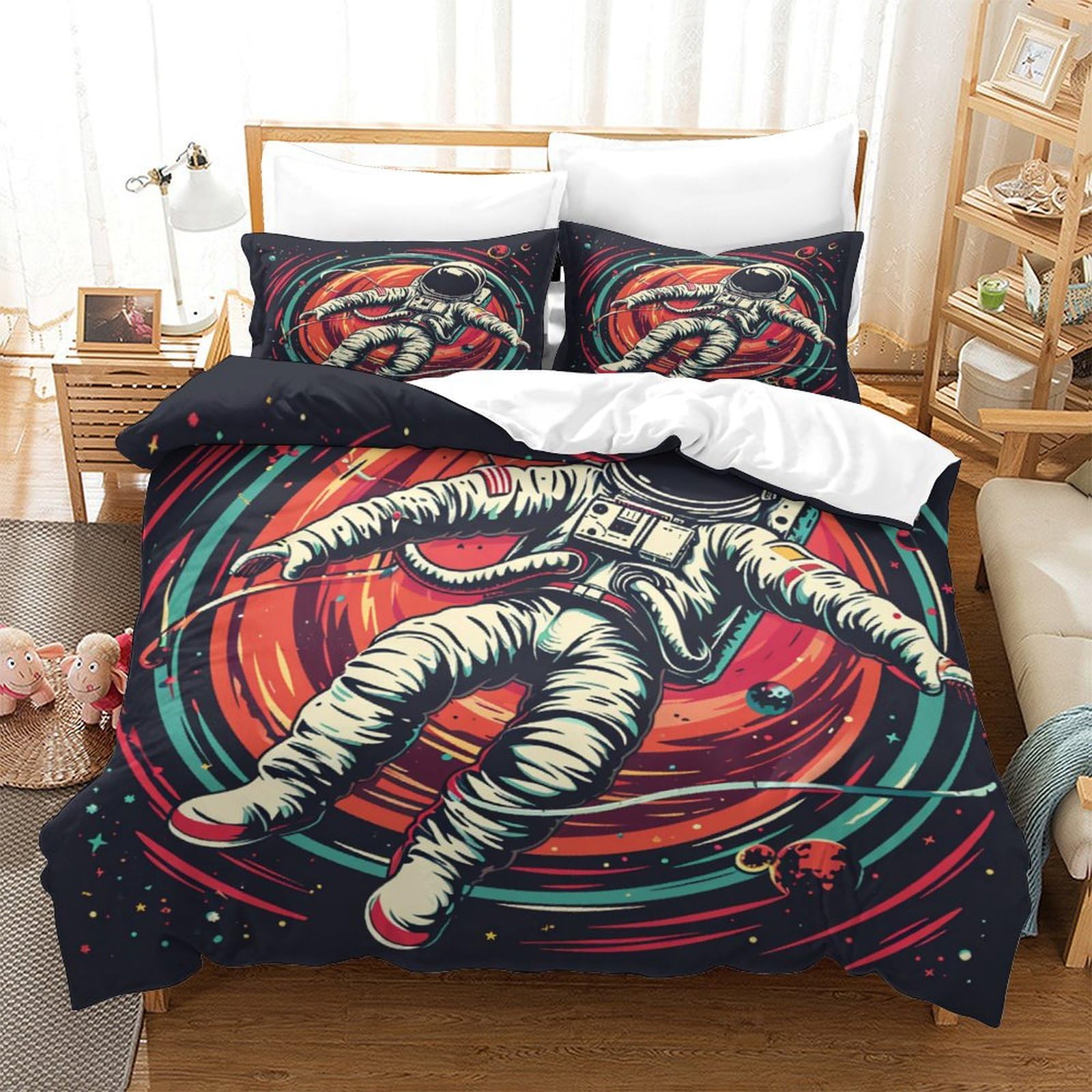 P1S9U7W5Y Galaxy Astronaut 3D Printed Duvet Cover Set 3 Pieces Microfiber for Adults Teens Bedroom Space Exploration Bedding Set All Season King（220x240cm）