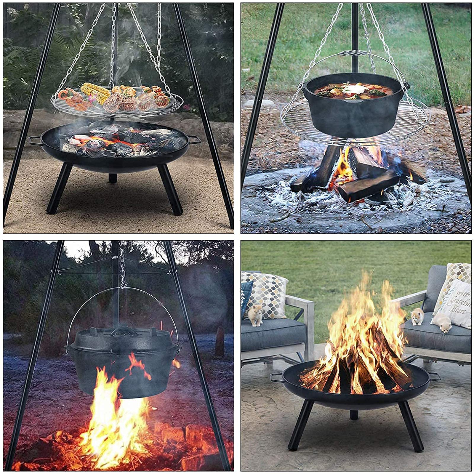 FAXIOAWA Griglia per Barbecue all'aperto per braciere, Barbecue a Carbone per Esterni Pieghevole in Acciaio per braciere con griglia Girevole Regolabile in Altezza Griglia per treppiede da Cucina