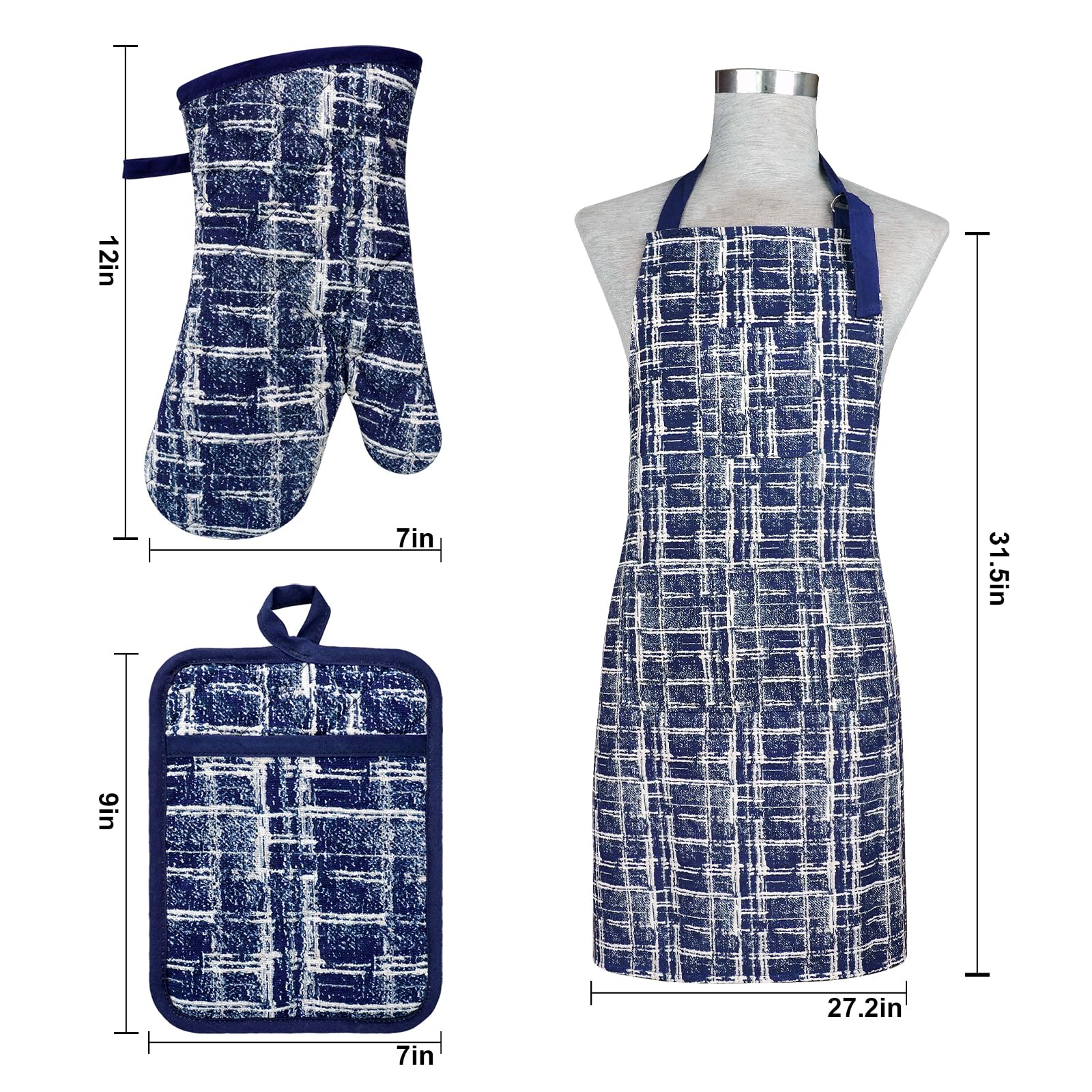 Alselo Juego de 5 guantes de cocina resistentes al calor y agarraderas antideslizantes de silicona con hebilla ajustable para el cuello, diseño bonito de algodón para cocinar (azul marino)