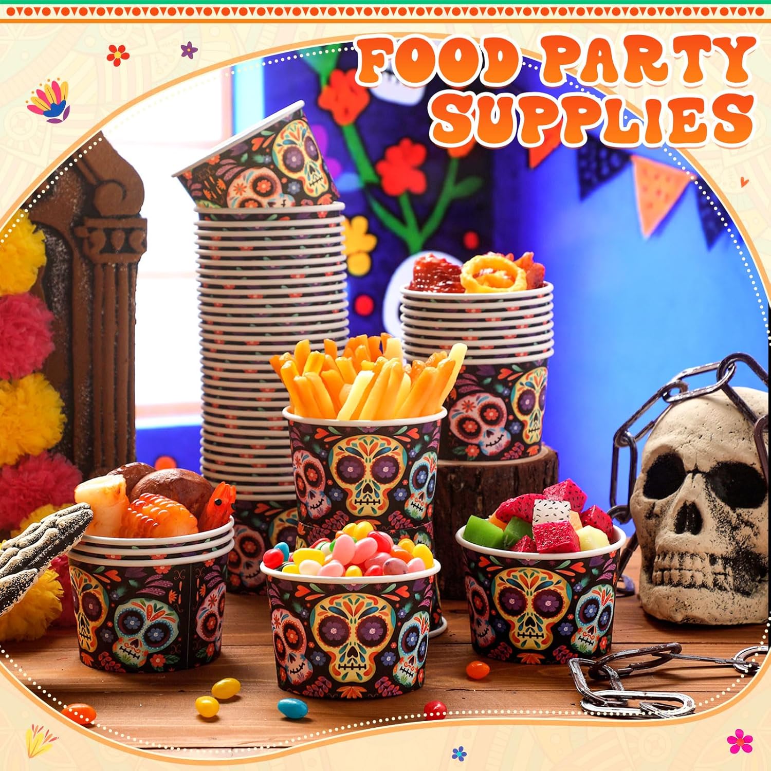 Potchen 50 Pack 9 oz Day of the Dead Disposable Paper Cups Skull Disposable Soup Bowls Dia De Los Muertos Plates Paper Snack Cups Mexican Party Supplies for Dessert Hot or Cold Food
