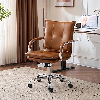 Silla de oficina ergonómica de cuero con respaldo medio, moderna silla de escritorio ejecutiva tapizada con marco dorado y reposabrazos para computadora (patas color camello y plateadas)