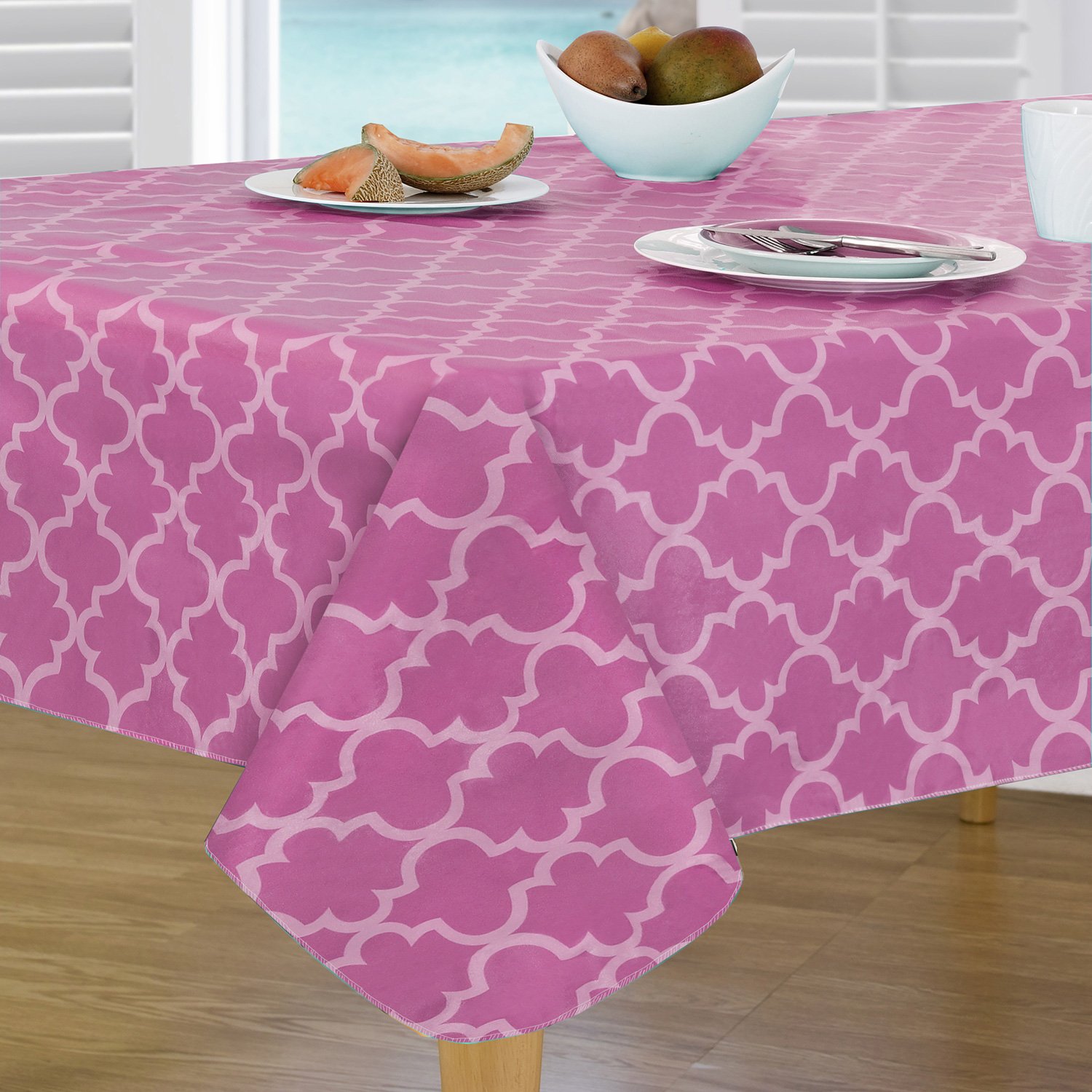 Everyday Luxuries by Newbridge Peyton Geo Flannel Backed Indoor Outdoor Vinyl Table Linens, Tablecloth 60-Inch by 84-Inch Oblong (Rectangle) Tablecloth, Bright Pink