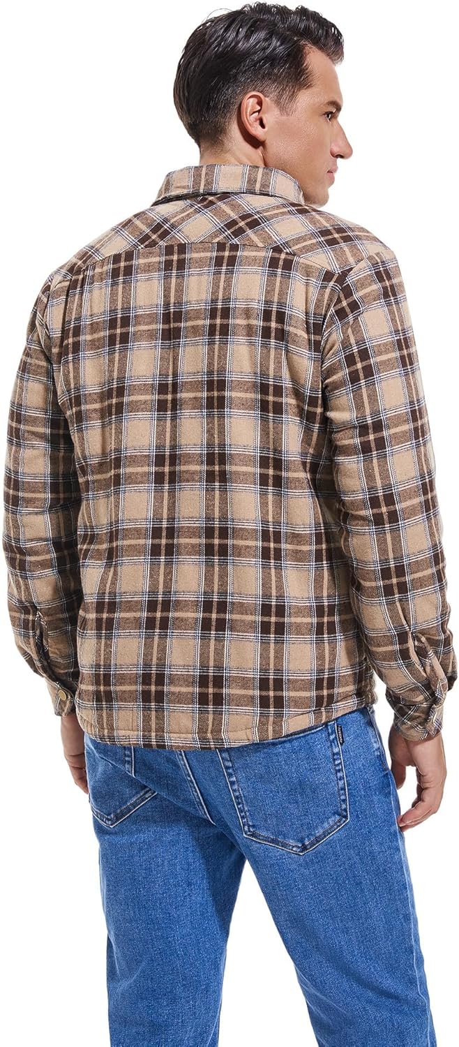 Men's Sherpa Lined Cotton Flannel Shirt Jacket Plaid Button Up Jacket Coat for Men with Pocket - Image 5