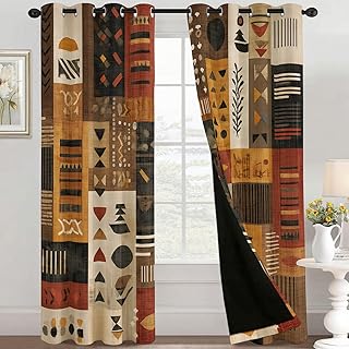 African Curtains 63 Inch 2 Panel Set, 95% Blackout Curtains Ethnic Geome...