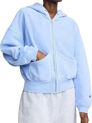 Champion Women's Heavyweight Zip-Up Hoodie, Vintage Wash, Running Women C Logo, Pewter Blue, X-Small