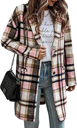 PRETTYGARDEN Women Plaid Shacket Jacket Trendy Fall Casual Button Wool Blend Tartan Trench Coat Winter Clothing with Pockets