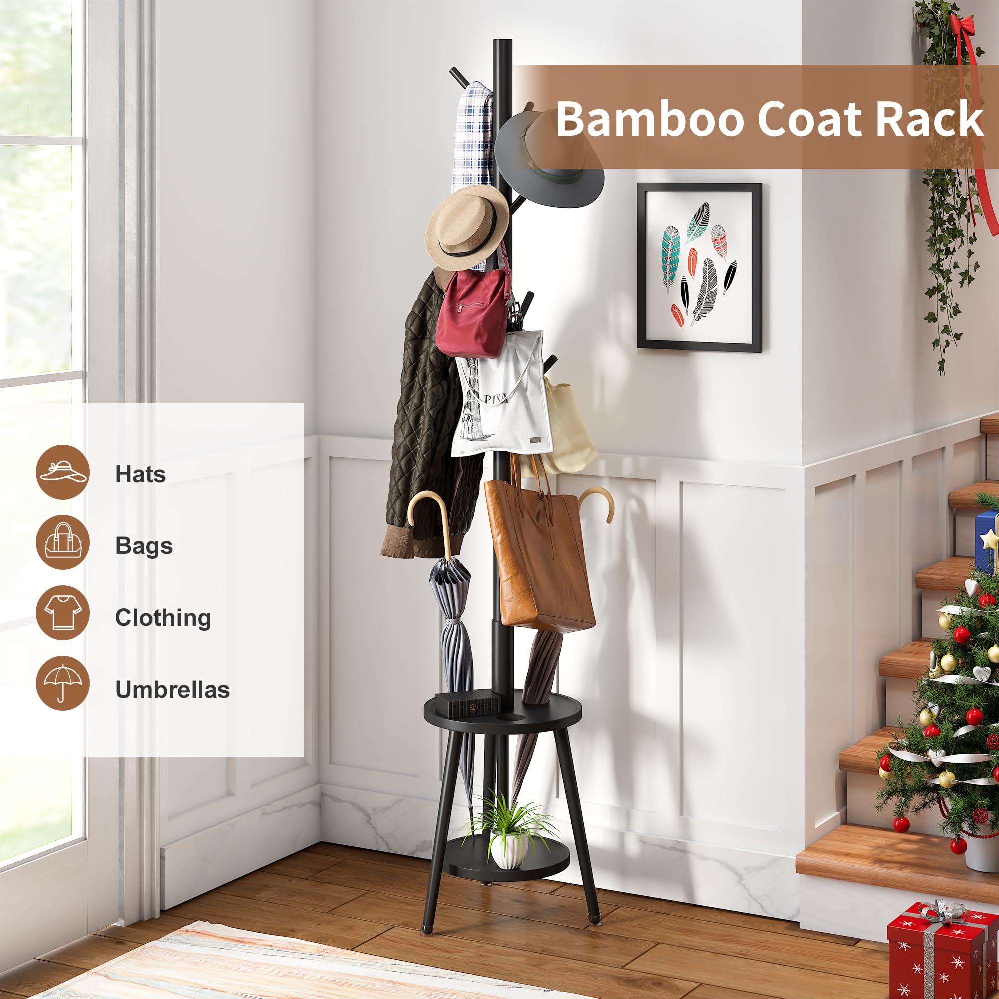 FILWH Freestanding Coat Rack With Umbrella Stand 12 Hooks For - Main Image