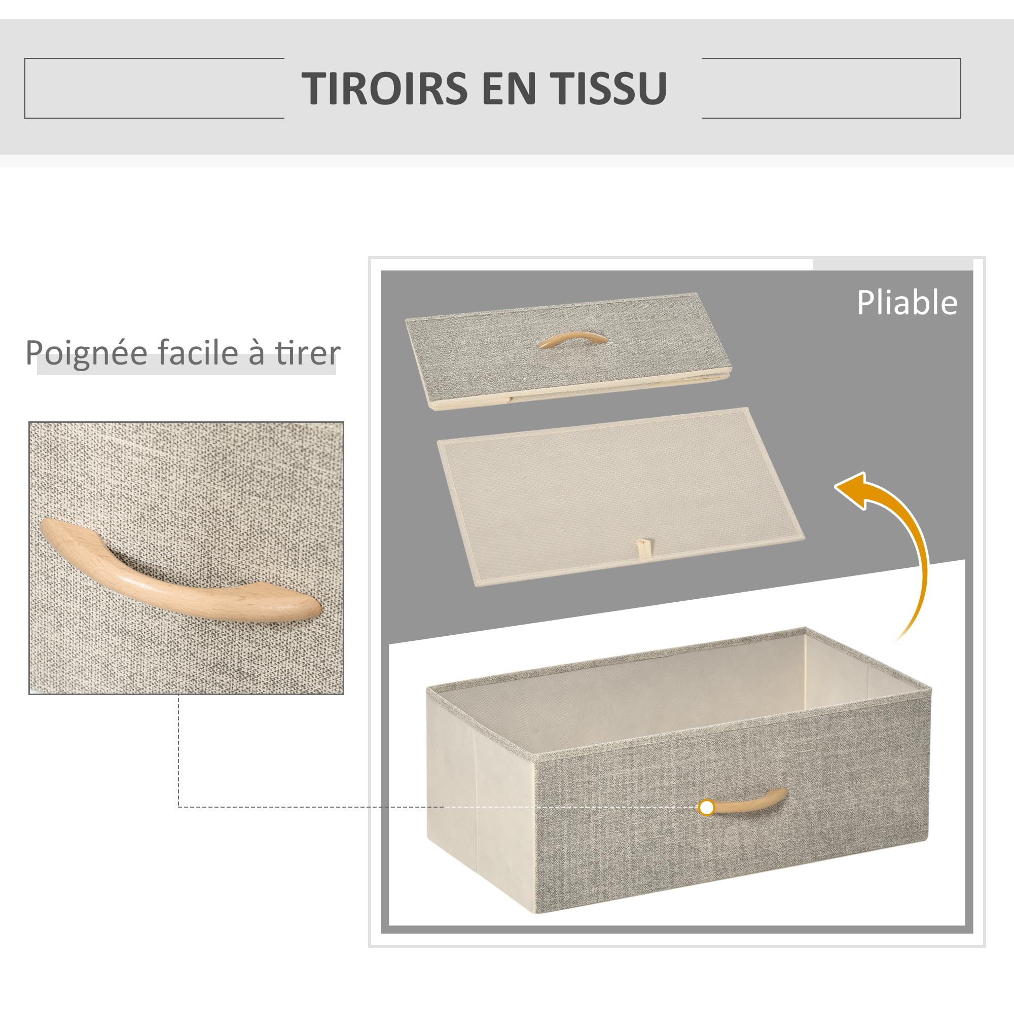HOMCOM Commode 3 Tiroirs Tissus 58L x 29P x 81,5H cm Naturel et Métal Blanc