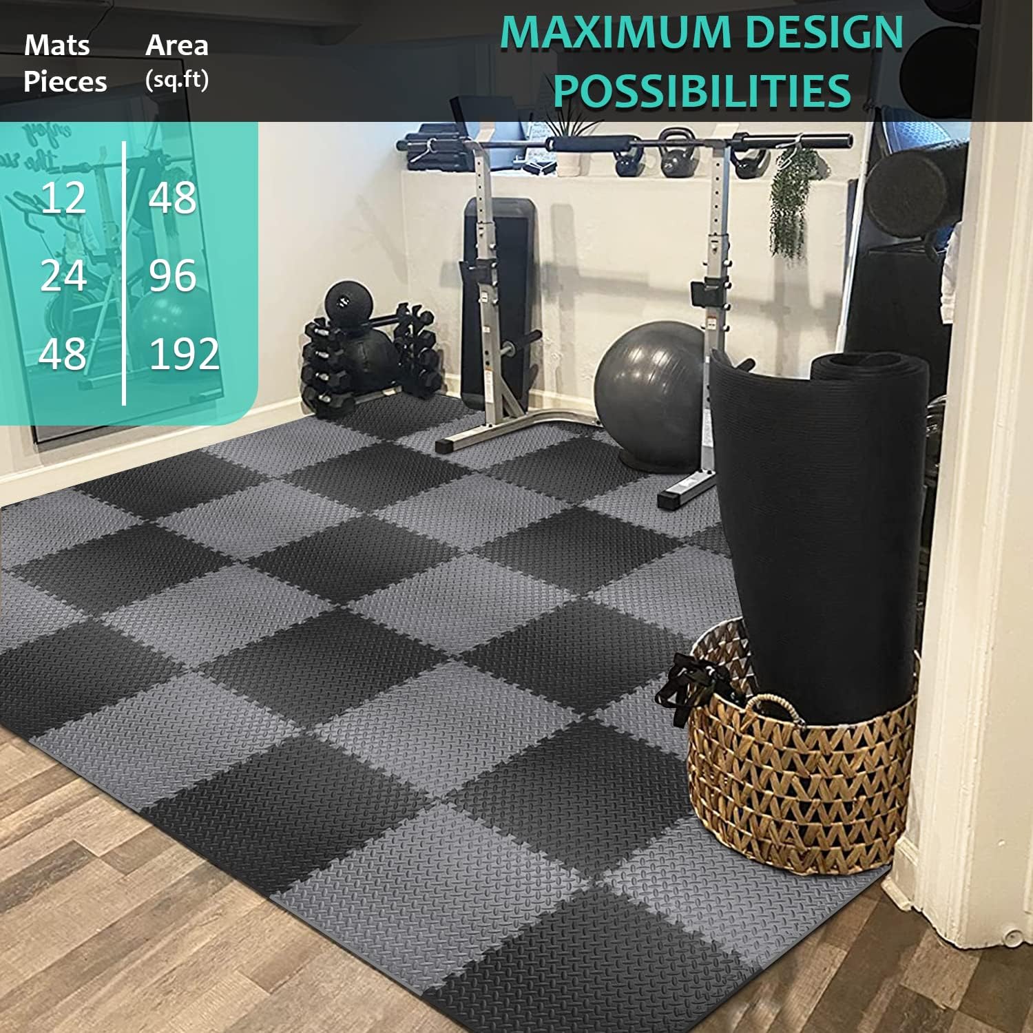 BEAUTYOVO Puzzle Exercise Mat with 12/24/48 Tiles Interlocking Foam Gym Mats, 24'' x 24'' EVA Foam Floor Tiles, Protective Flooring Mats for Gym Equipment