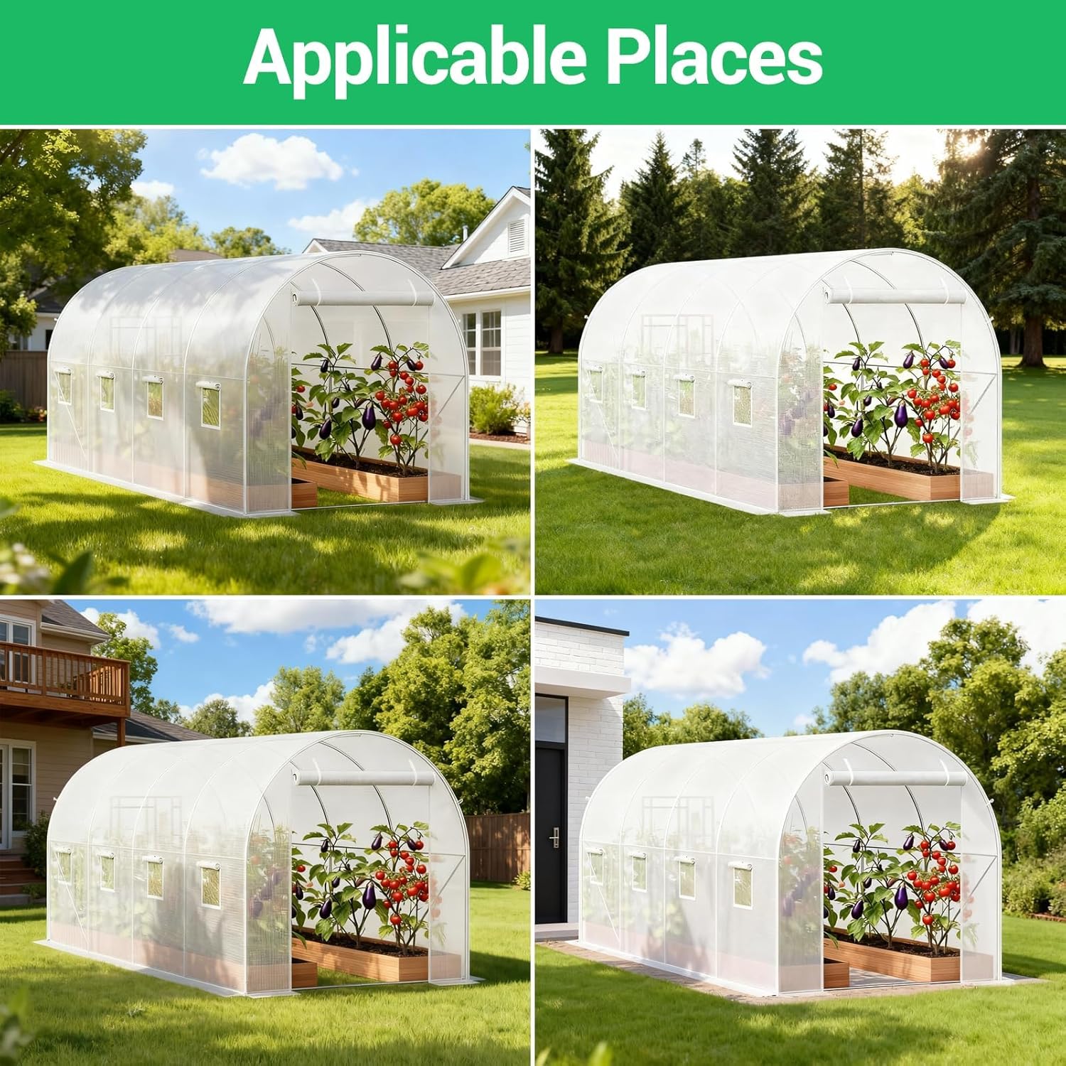 Large Walk-in Tunnel Greenhouse, 15x7x7 ft Heavy Duty Hoop House with 8 Screen Windows & Galvanized Steel Frame, Portable Outdoor Greenhouses for All Seasons White