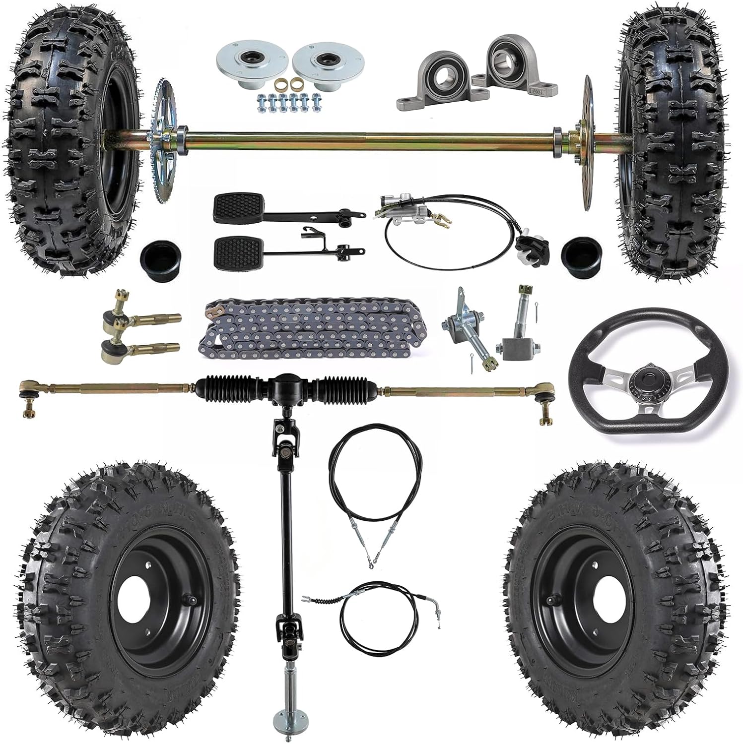 Complete Set of 4pcs 4.10-6 Front Rear Wheels Tires Rims & 740mm 29 1/8in Rear Axle Shaft Assembly Kit + Steering Wheel for Go Kart Quad Drift Trike Bikes DIY ATV Buggy