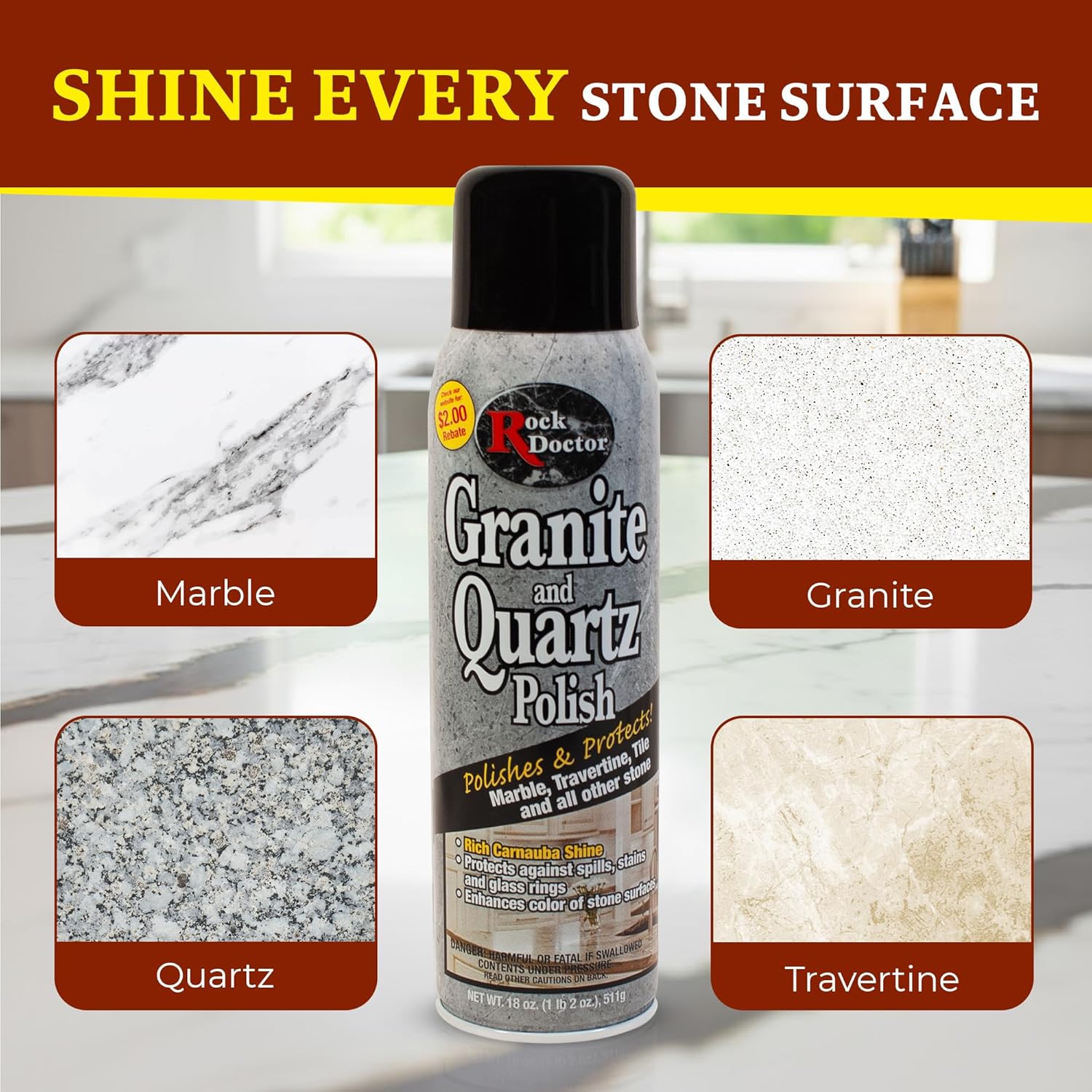 Rock Doctor Granite Polish Spray and Surface,18oz.Can Polish Tile, Marble, Kitchen Countertop, and Natural Stone Surfaces, Streak-Free Shine Pack of 4 (4)