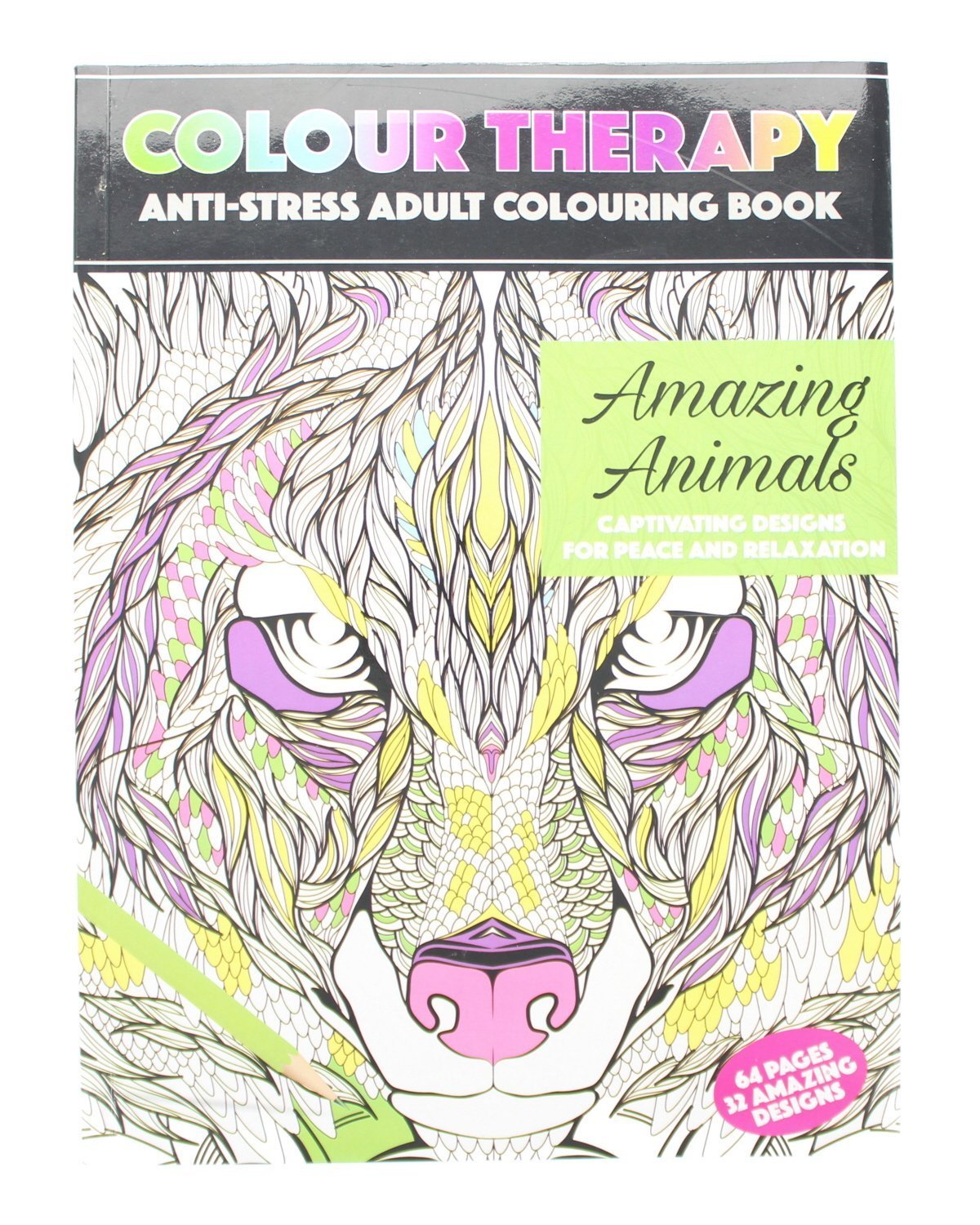 Pms Black Adult Colouring Anti-Stress Therapy 64 Page A4 Amazing Animals Book - 2Nd Generation