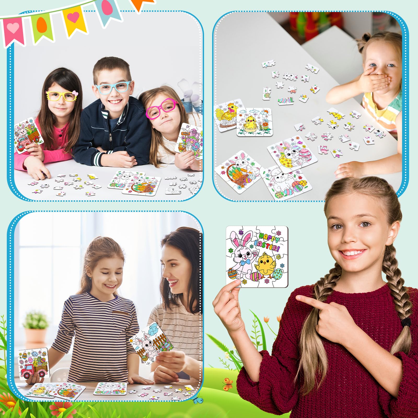 Realspring 24 Pack Color Your Own Jigsaw Puzzles for Kids Coloring Puzzles DIY Paper Jigsaw Bulk Party Favors Gifts Exchange Classroom Activities Home Educational Game Toy (Bunny)