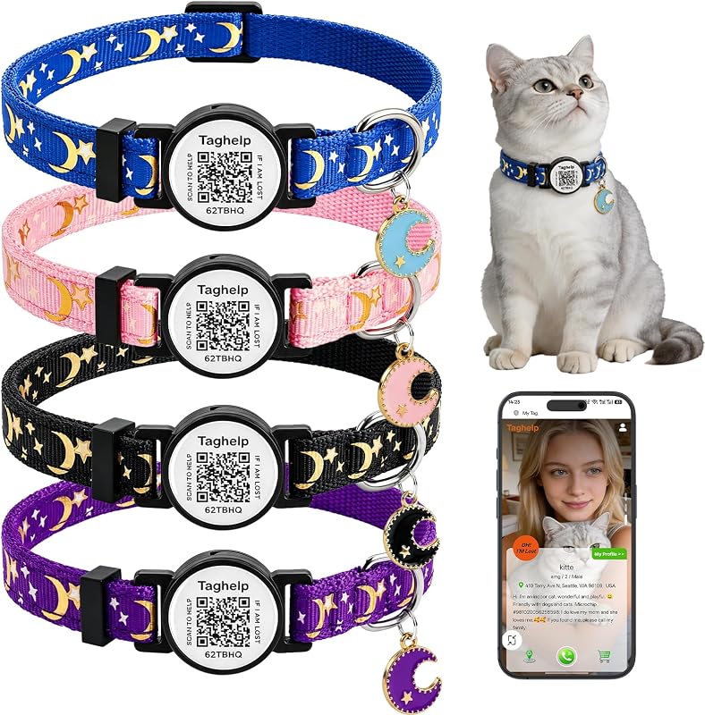 Coleira para Gatos com QR Code, Nylon Ajustável e Fecho Breakaway Taghelp Star & Moons – Pacote com 4