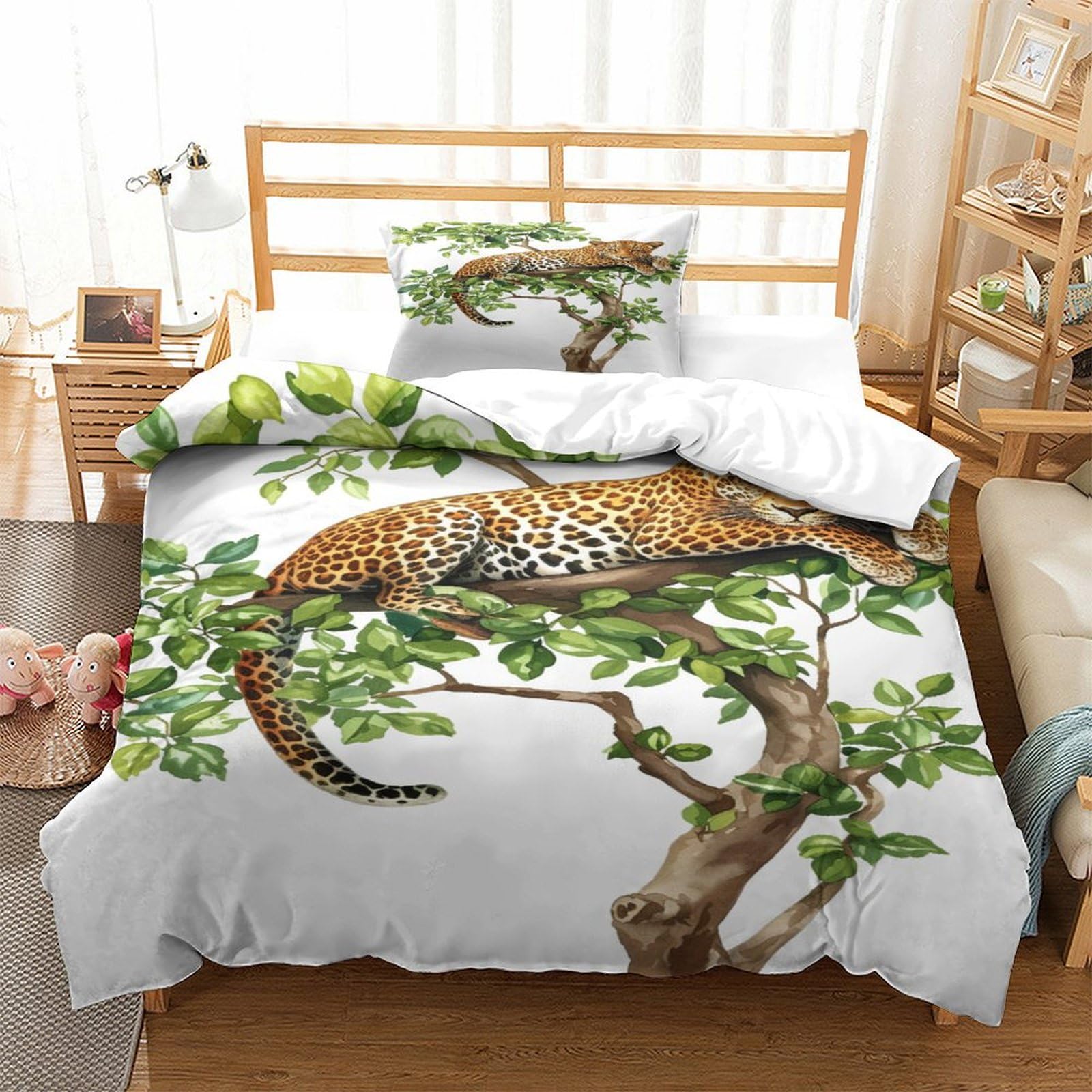 P1s9u7w5y Jaguar 3D Printed Leopard Jungle Duvet Cover Set 3Pcs Microfiber Tree Branch Bedding Set Single（135X200cm）