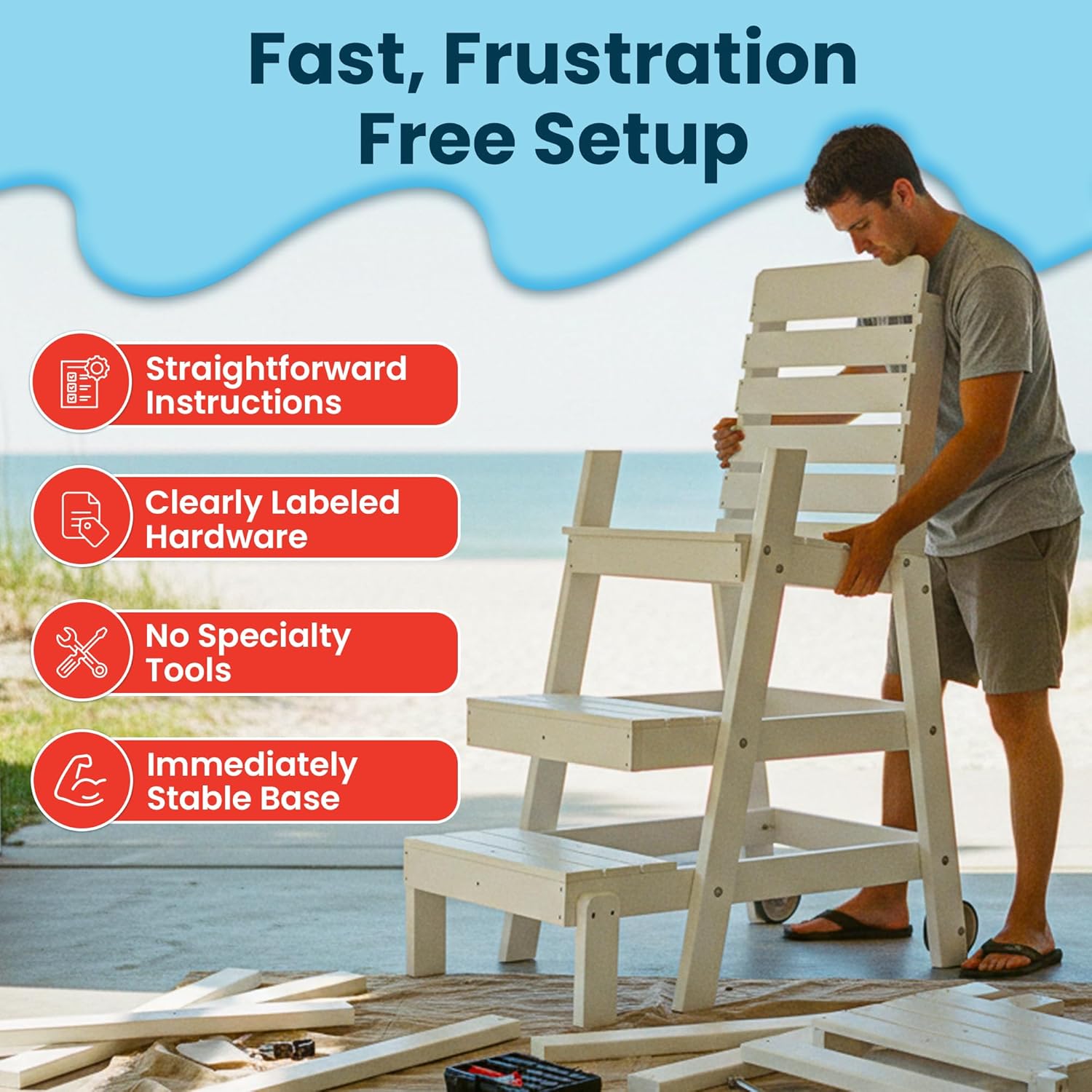 Lifeguard Chair for Pool, Lake and Beach (40") Made in The USA - Durable Recycled Plastic Lumber, Long Service Life, Comfortable with Wide Steps, Stable Platform