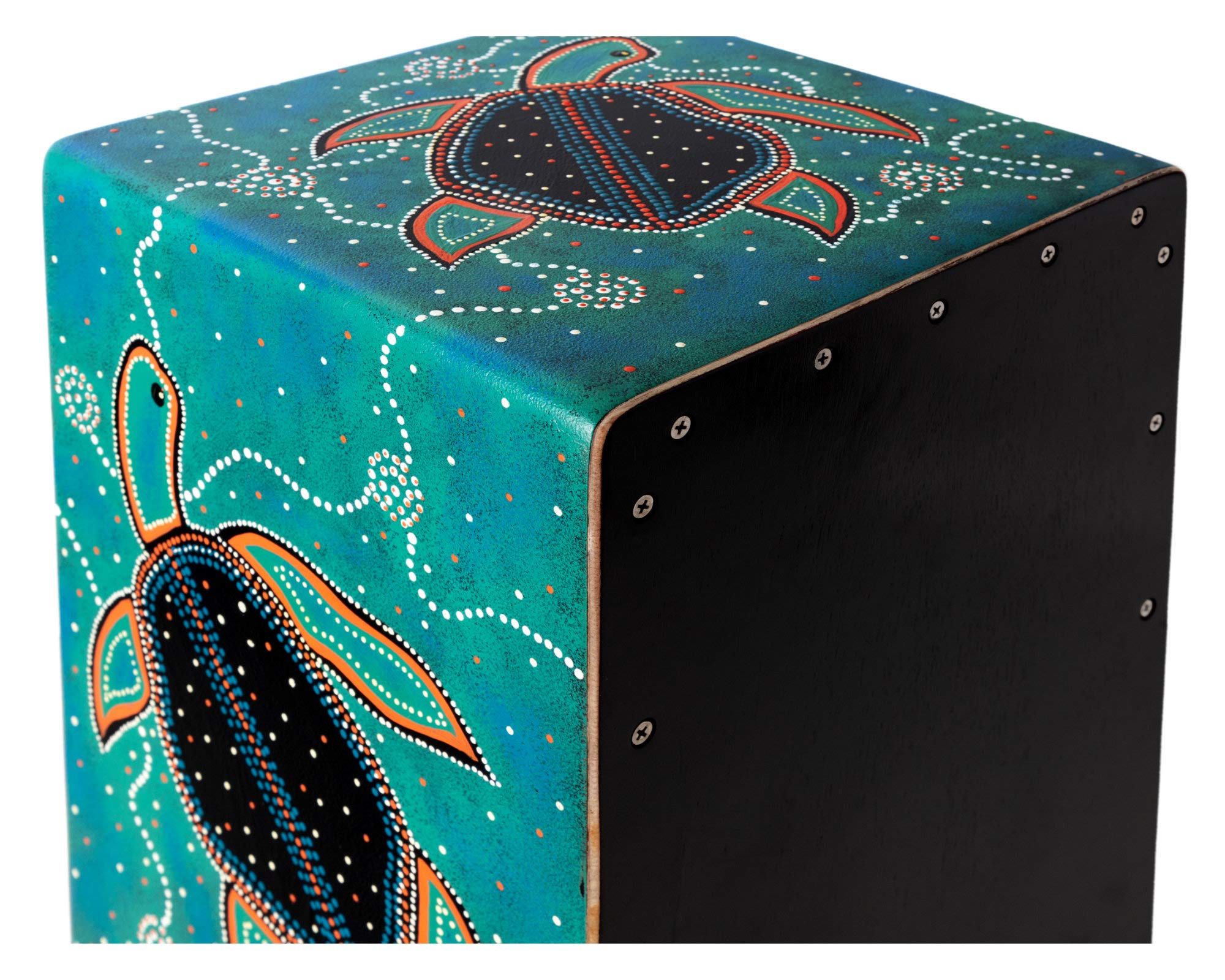 XDrum Design Series Cajon “Turtle” - Cajon da designer dipinta a mano con tartarughe in Dot Art - Porta bassi integrato - Corpo in HPL (High Pressure Laminate) - Snare fissa installata