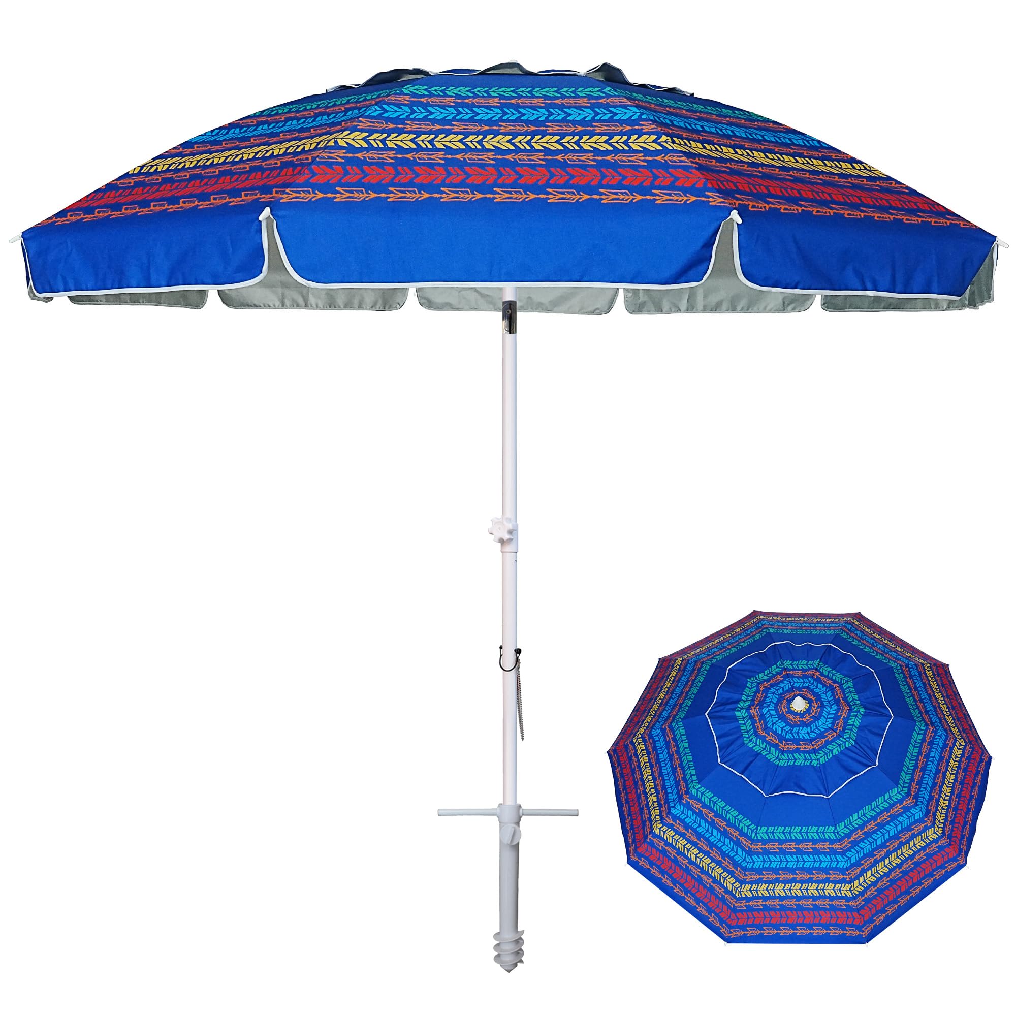 AMMSUN 8 Feet Large Beach Umbrella with Sand Anchor Heavy Duty High Wind Portable Outdoor Umbrellas UV 50+ Protection Air Vent Tilt Patio Garden Pool