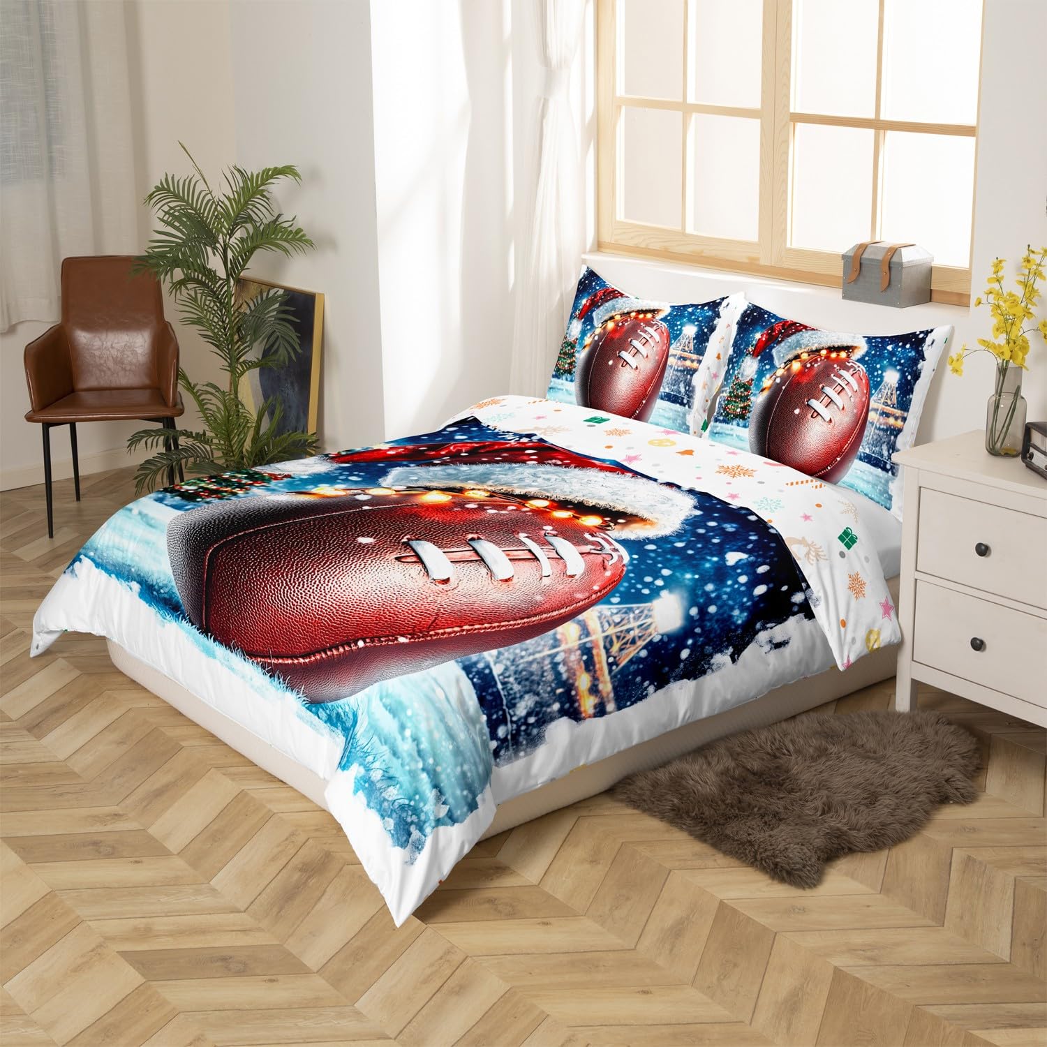 Erosebridal Christmas Football Toddler Comforter Cover White Snowflake Winter Duvet Cover,Merry Xmas Decor Quilt Cover,Happy New Year Quilt Cover for Kids Boys Girls Teens,Blue
