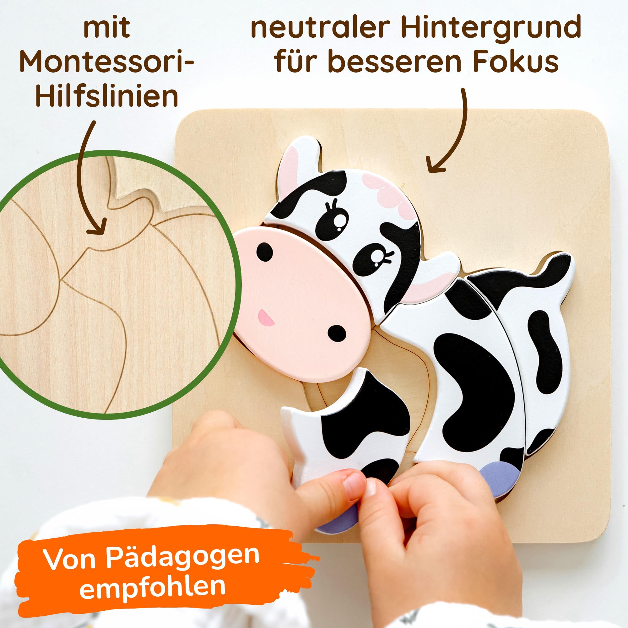 Merle Toys® Holzpuzzle 1 Jahr, Kinder Holzpuzzle ab 2 Jahre, 100% nachhaltig, 4X Greifpuzzle Tiermotive, Montessori Puzzle mit Hilfslinien, Baby Puzzle ab 1 Jahr, Holz Steckpuzzle mit 19 großen Teilen