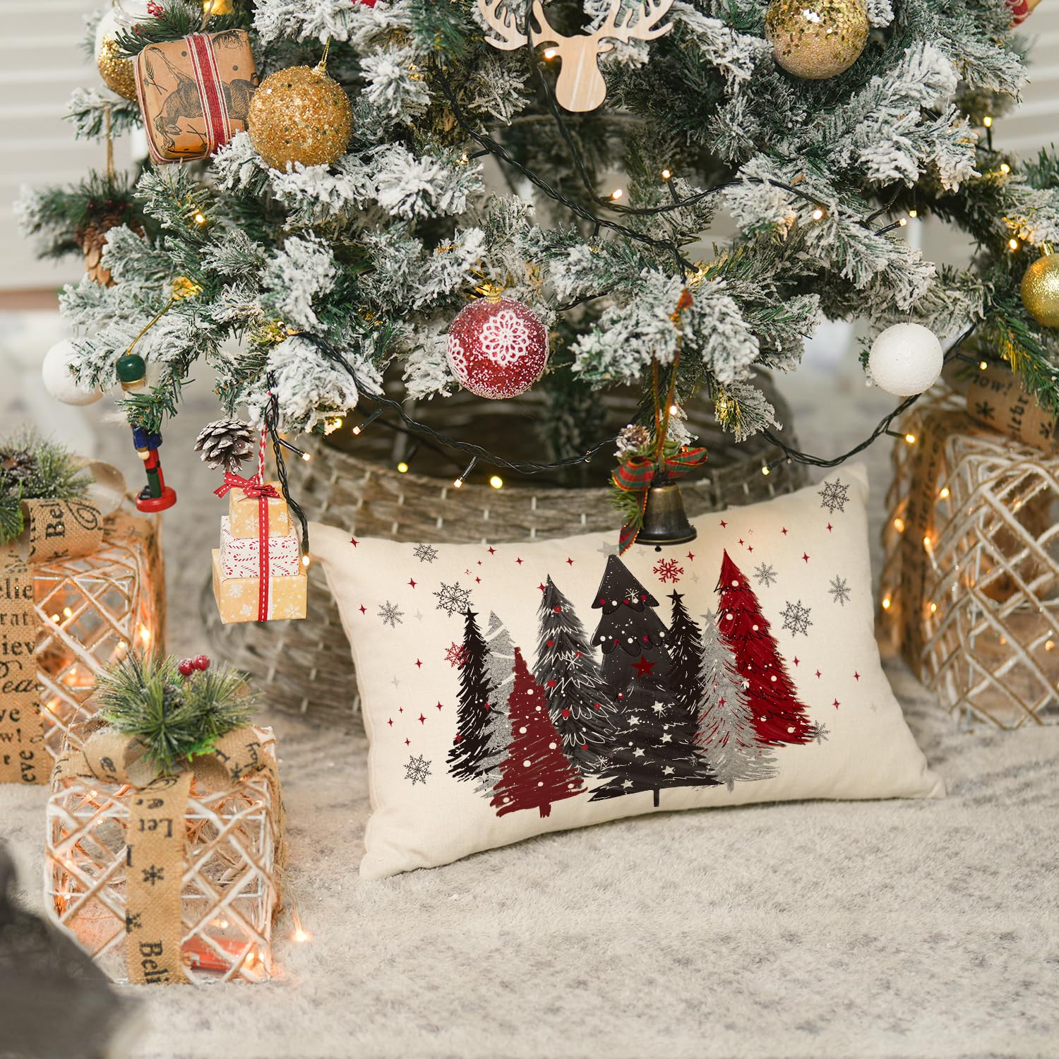 Funda de almohada con diseño de árbol de Navidad rojo y negro, 12 x 20 pulgadas, decoración de cojín de invierno para sofá 2