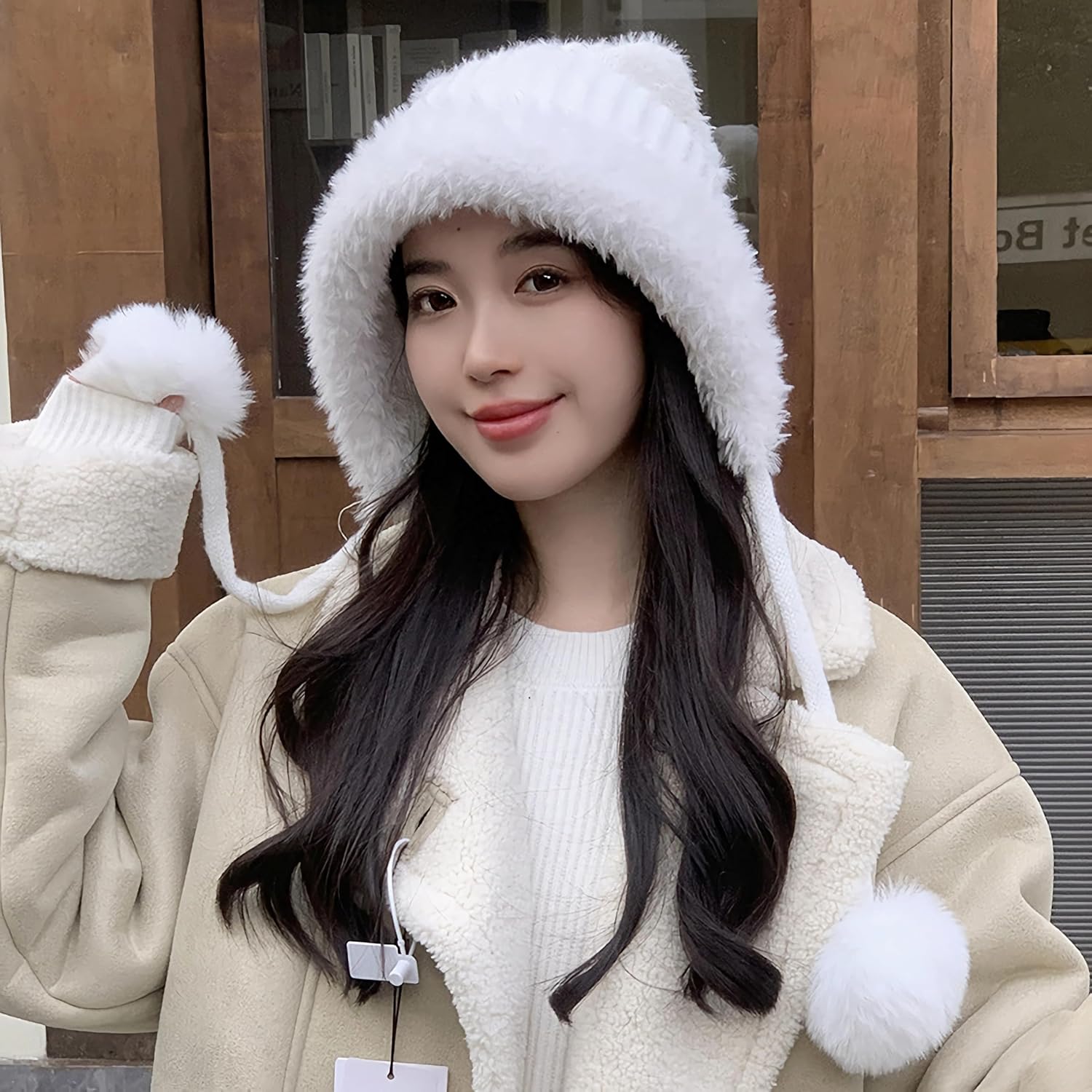 HUAMULAN Women Winter Sherpa Beanie Hats Knit Ear Flaps Peruvian Cover Ears Fleece Lined Ski Snow Hat Pompoms - Image 5