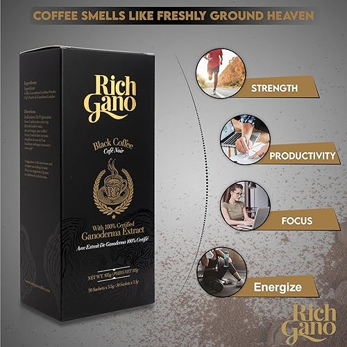Miniatura 3 de Rich Gano Café de hongos Reishi - (4 cajas de 30 bolsitas) Café negro con extracto de ganoderma - Paquetes de café instantáneo totalmente naturales