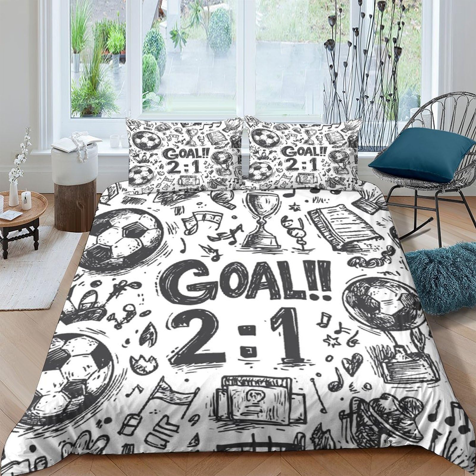 GPLZQXKJNH 3D Printed Football Doodle Duvet Cover Set Microfiber Soft Breathable Goal Score Bedding Set with 2 Pillowcases for Bedroom Single（135x200cm）