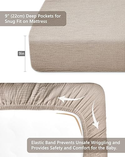Miniatura 3 de Sábanas de cuna para niños y niñas, sábanas bajeras para cama de bebé de 28 x 52 pulgadas, ropa de cama de muselina neutra de algodón para cuna