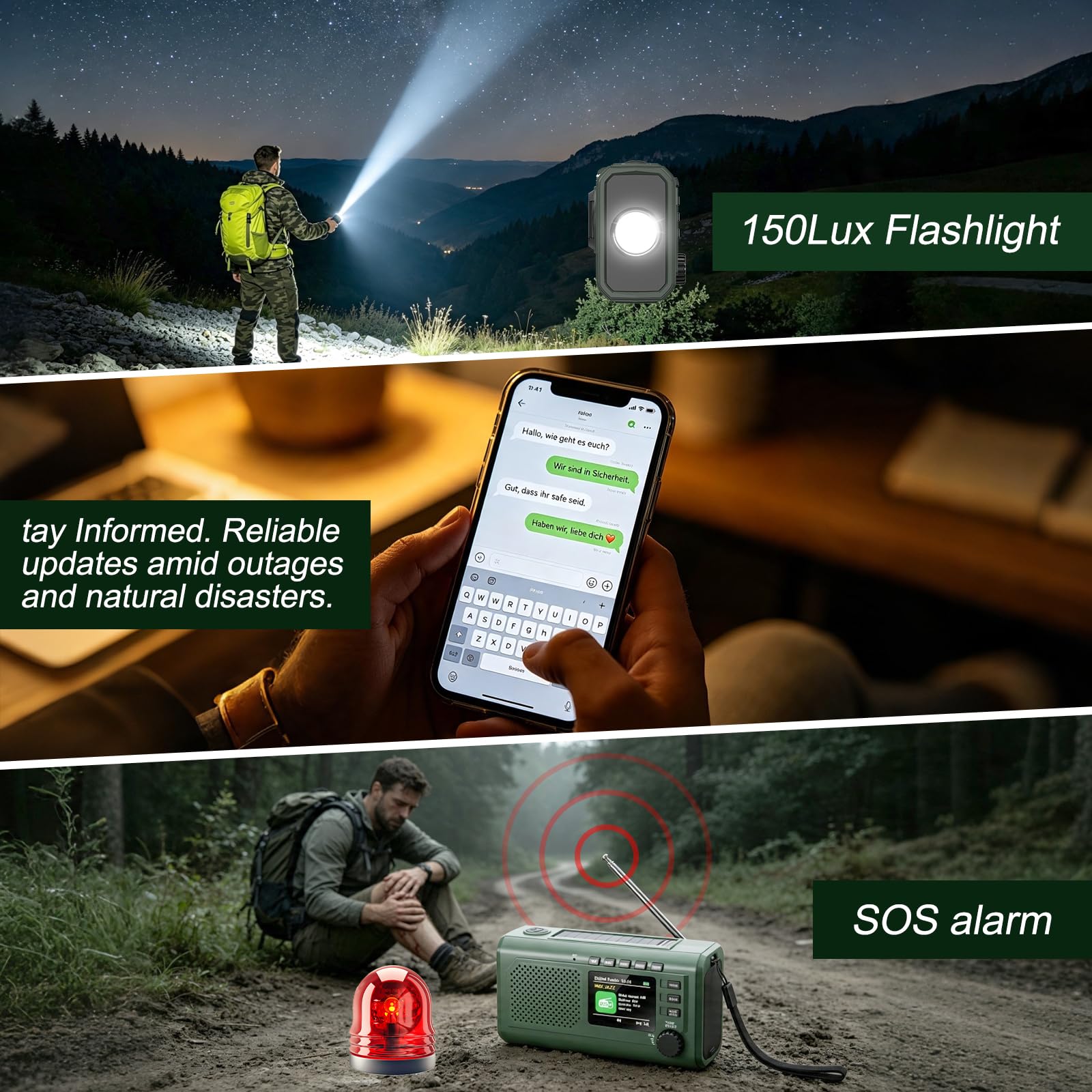 Radio di emergenza DAB+/FM con manovella, ricarica solare e USB, Bluetooth 5.3, radio a manovella con power bank, allarme SOS, display TFT, lampada da lettura, sveglia, scheda TF per esterni