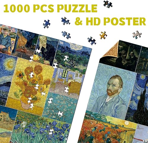 Miniatura 5 de Van Gogh - Rompecabezas de 1000 piezas para adultos, rompecabezas de girasol como regalo de Van Gogh, noche estrellada, grandes pinturas