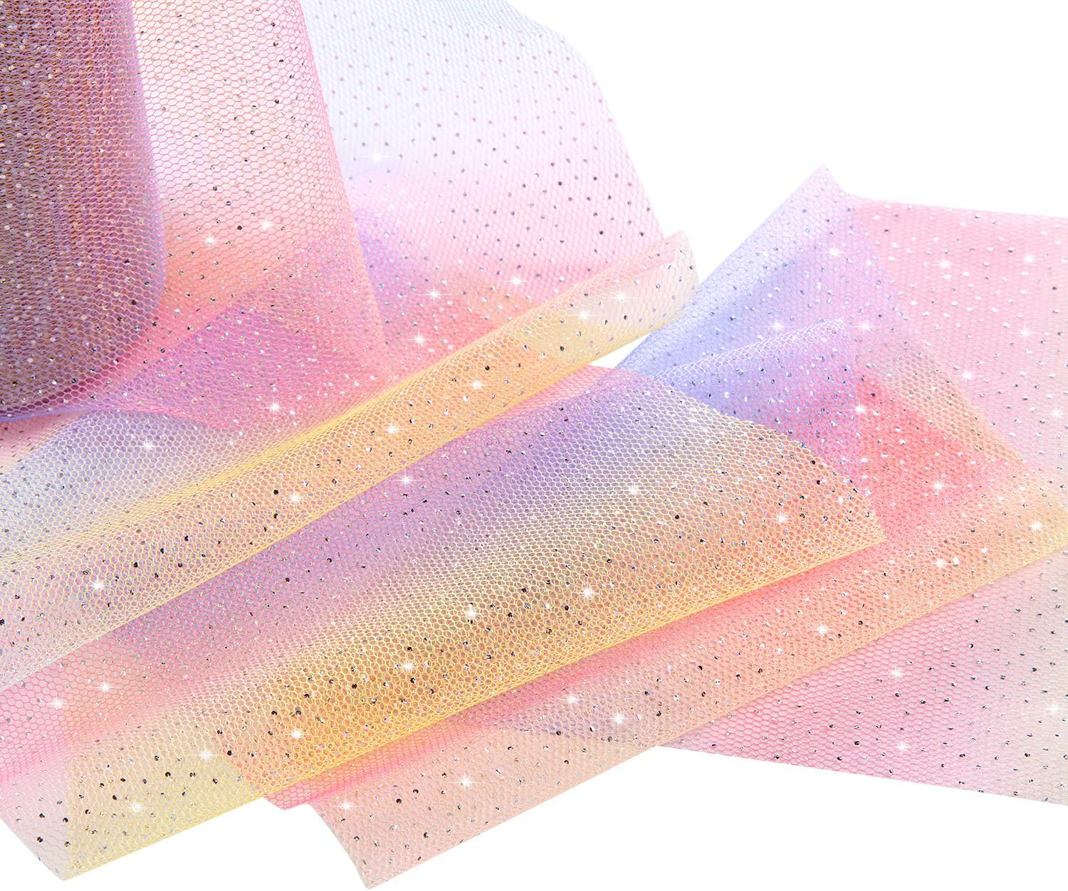 25 Yards Rainbow Glitter Tulle Roll Netting Fabric Ribbon Spool Shiny Sewing Ribbon Gradient Craft Ribbon for Table Chair Sash Bow Costume Christmas Wedding Birthday Baby Shower (Rainbow Color)