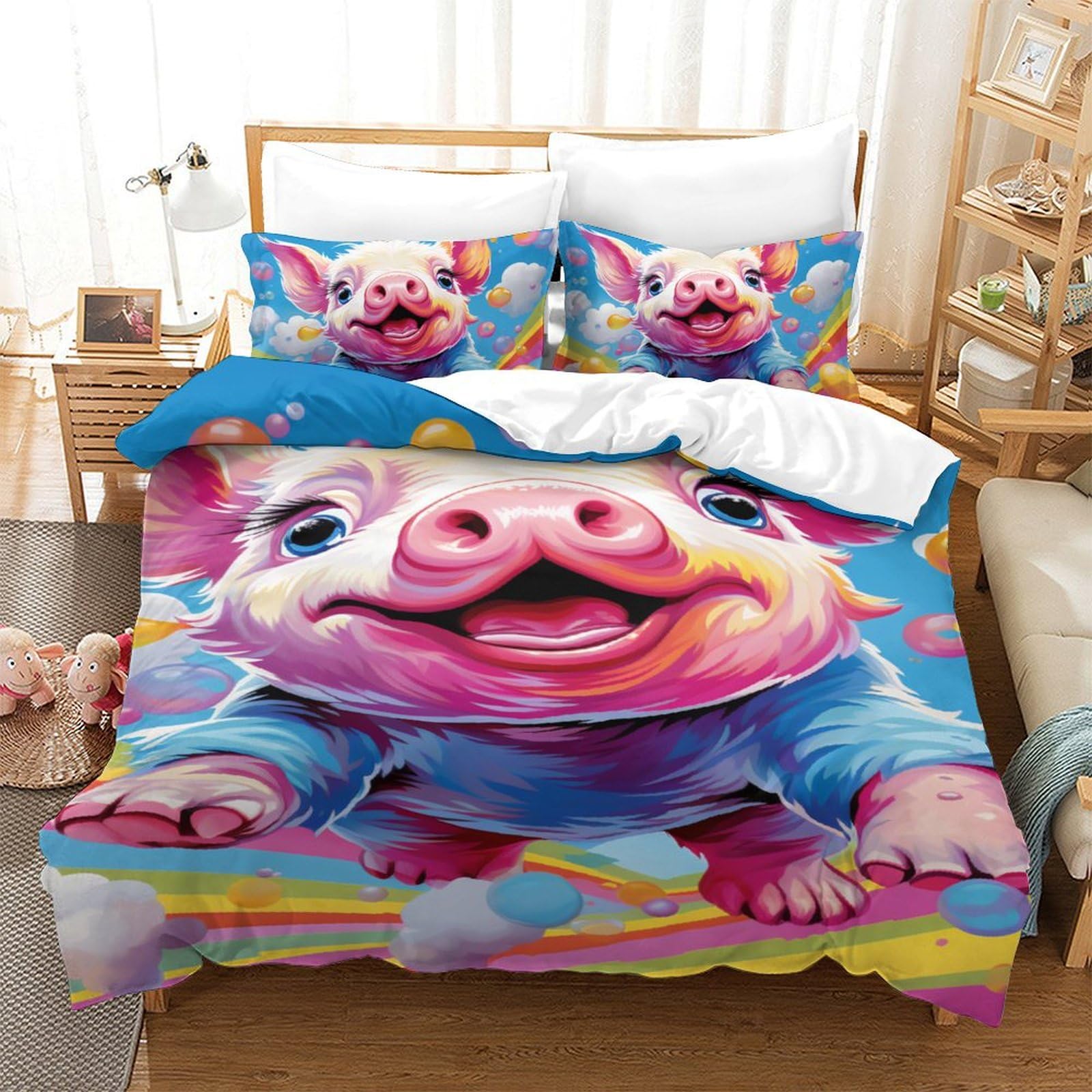 Housse de couette porcs 3D et 2 taies d'oreiller lit simple en microfibre douce 140x200cm