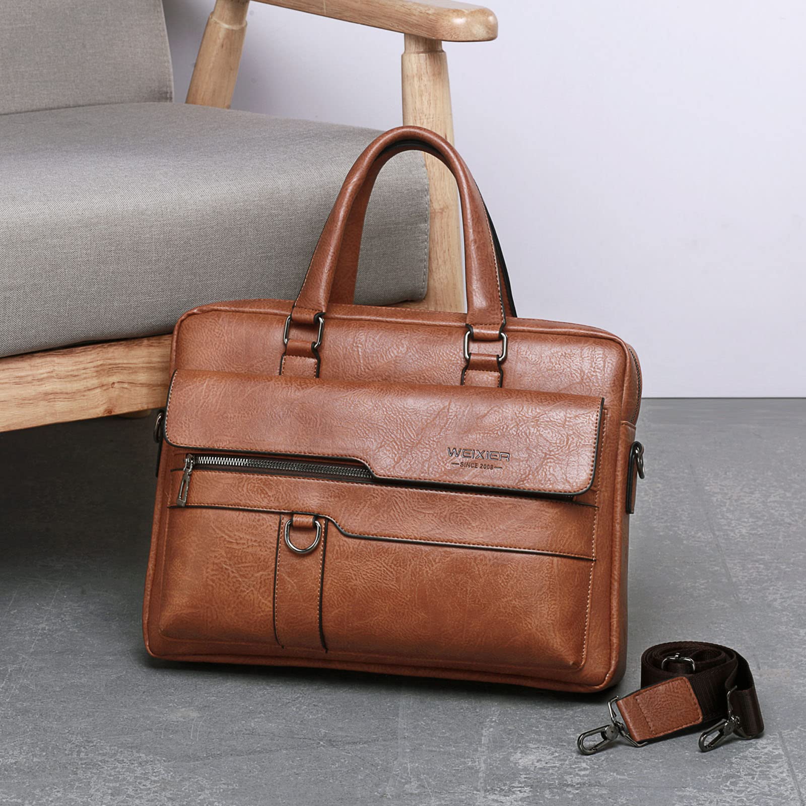 FANDARE Homme Mallettes PU Cuir Sac à Bandoulière Affaire Sac à Main Sacoche 12.9 Pouces Sac Cabas Sac à Bandoulière Sac de Cours Sacs à Main portés épaule pour Collège Cours Voyage Brun Clair